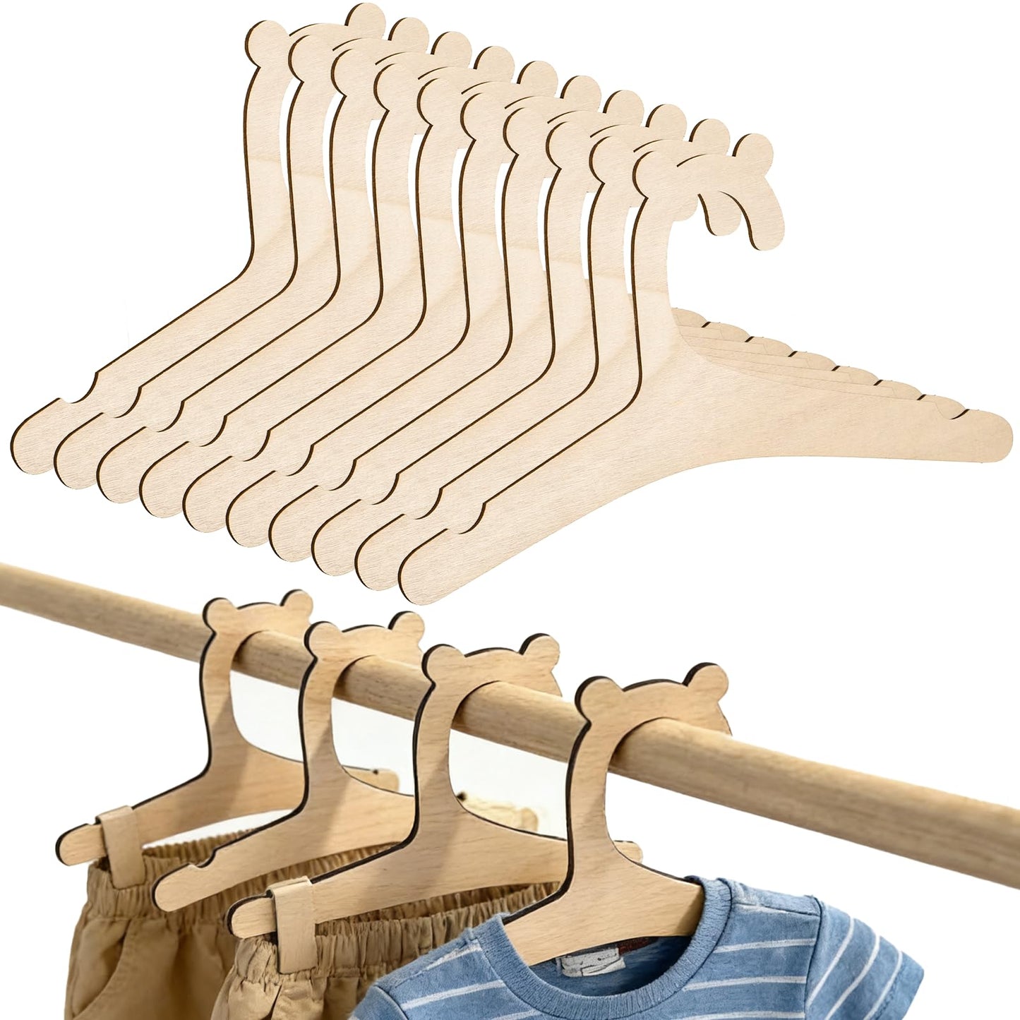 JJUNW 10Pcs Baby Clothes Hangers, Wooden Baby Hangers, Cute Bear Ears Babys Coat Hanger with Closet Organizer
