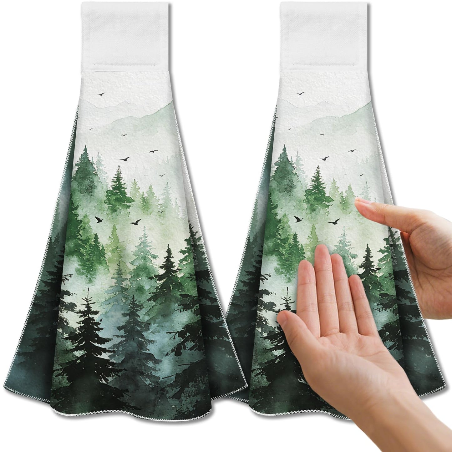 CUTHOLLOW 2 Pcs Watercolor Forest Hanging Kitchen Towels with Loop