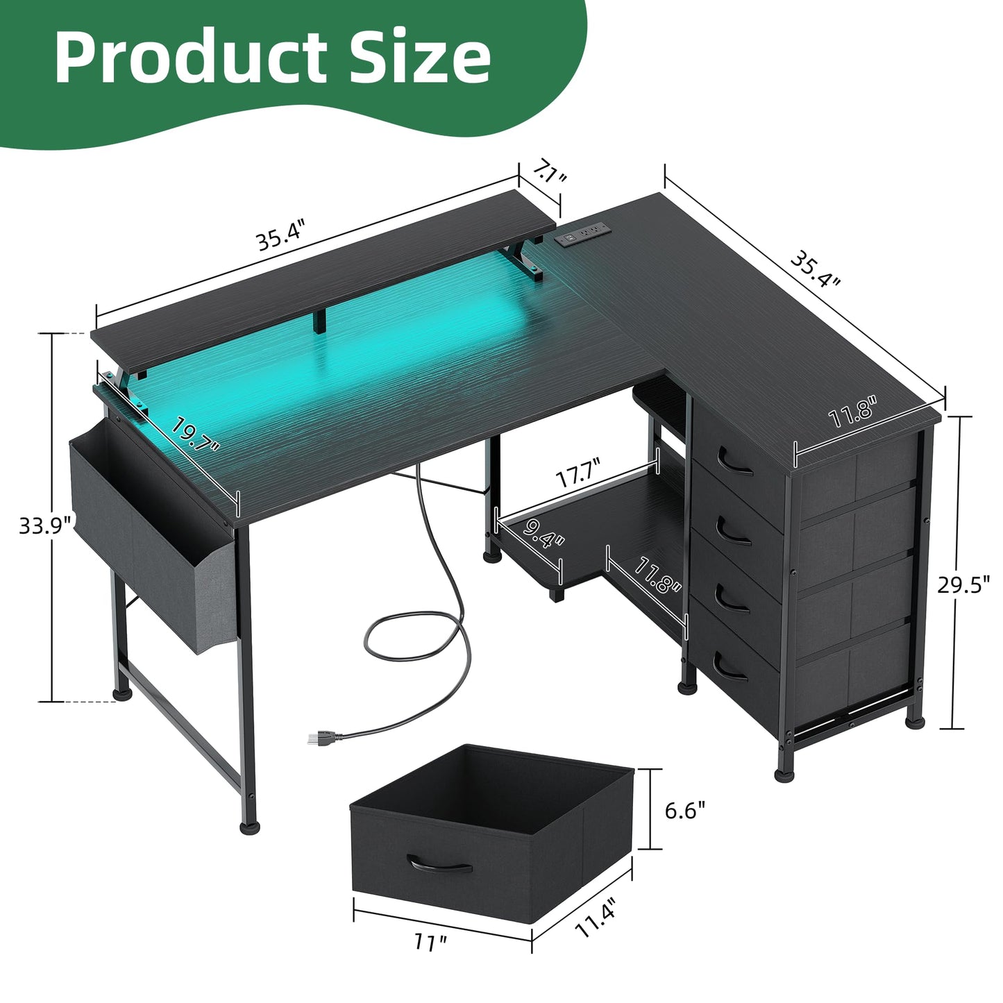 VERMESS Corner Desk with 4 Drawers, L Shaped Computer Desk with LED Lights & Power Outlets
