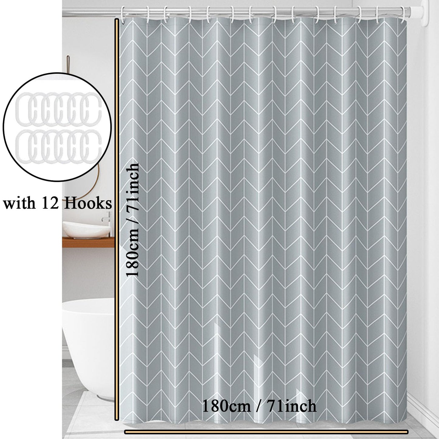 hzkais Grey Shower Curtain, Mould Proof and Mildew Resistant Washable Bathroom Curtains, Shower Curtain for Bathroom, Bath Curtains with Hooks