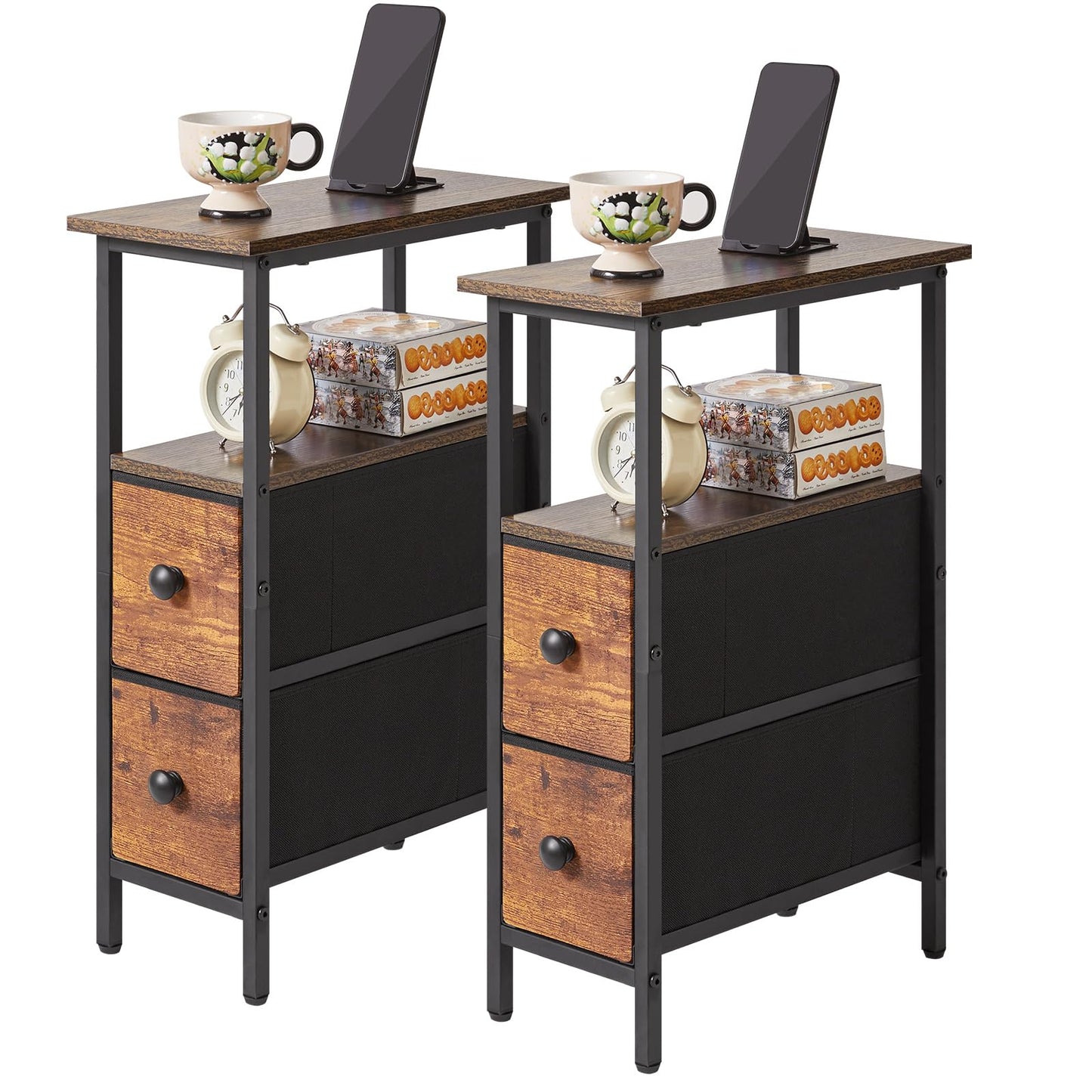 YMYNY Narrow Side Table Set of 2, Slim Bedside Table with 2 Fabric Drawers, Nightstand for Small Spaces