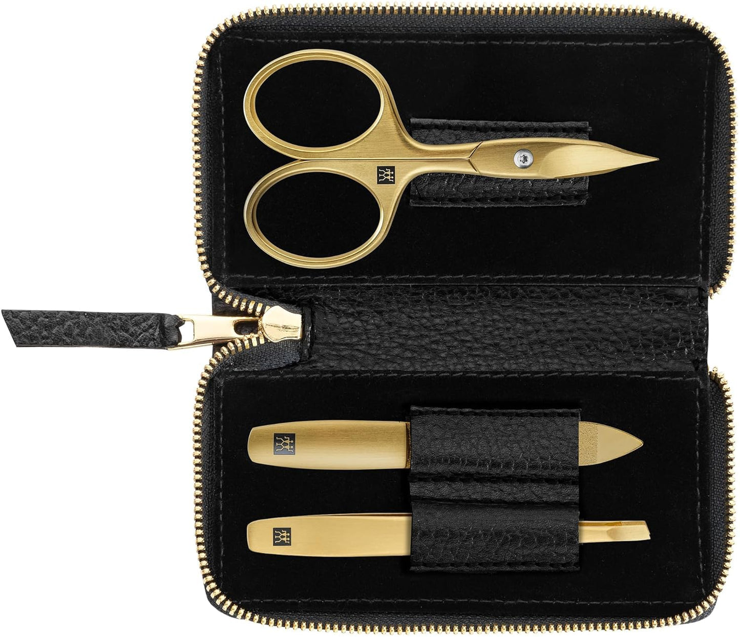 ZWILLING Manicure Set (3 Pieces, Black Genuine Leather Case, Care for Hands and Feet, Travel Set, with Nail Scissors), Premium, Gold Edition