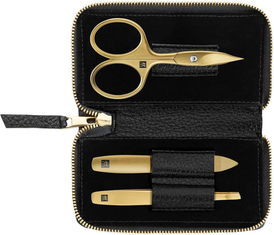 ZWILLING Manicure Set (3 Pieces, Black Genuine Leather Case, Care for Hands and Feet, Travel Set, with Nail Scissors), Premium, Gold Edition