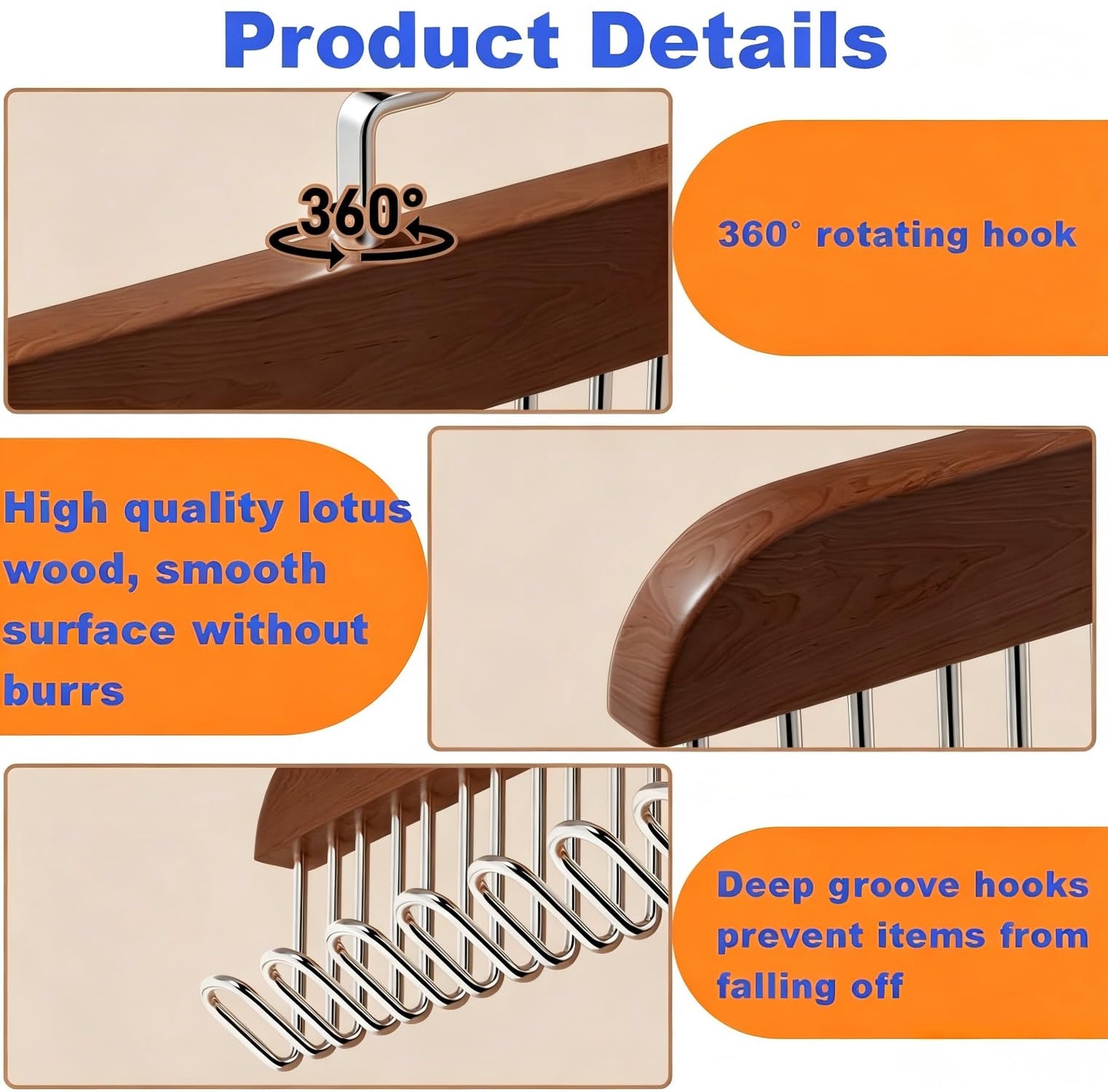 JXAurix 2 Pack Non Slip Wooden Multi Hook Hanger 8 Hooks Each 360° Rotatable U-Shaped Heavy Duty 40kg Load Bearing Wardrobe Organiser for Belts Ties