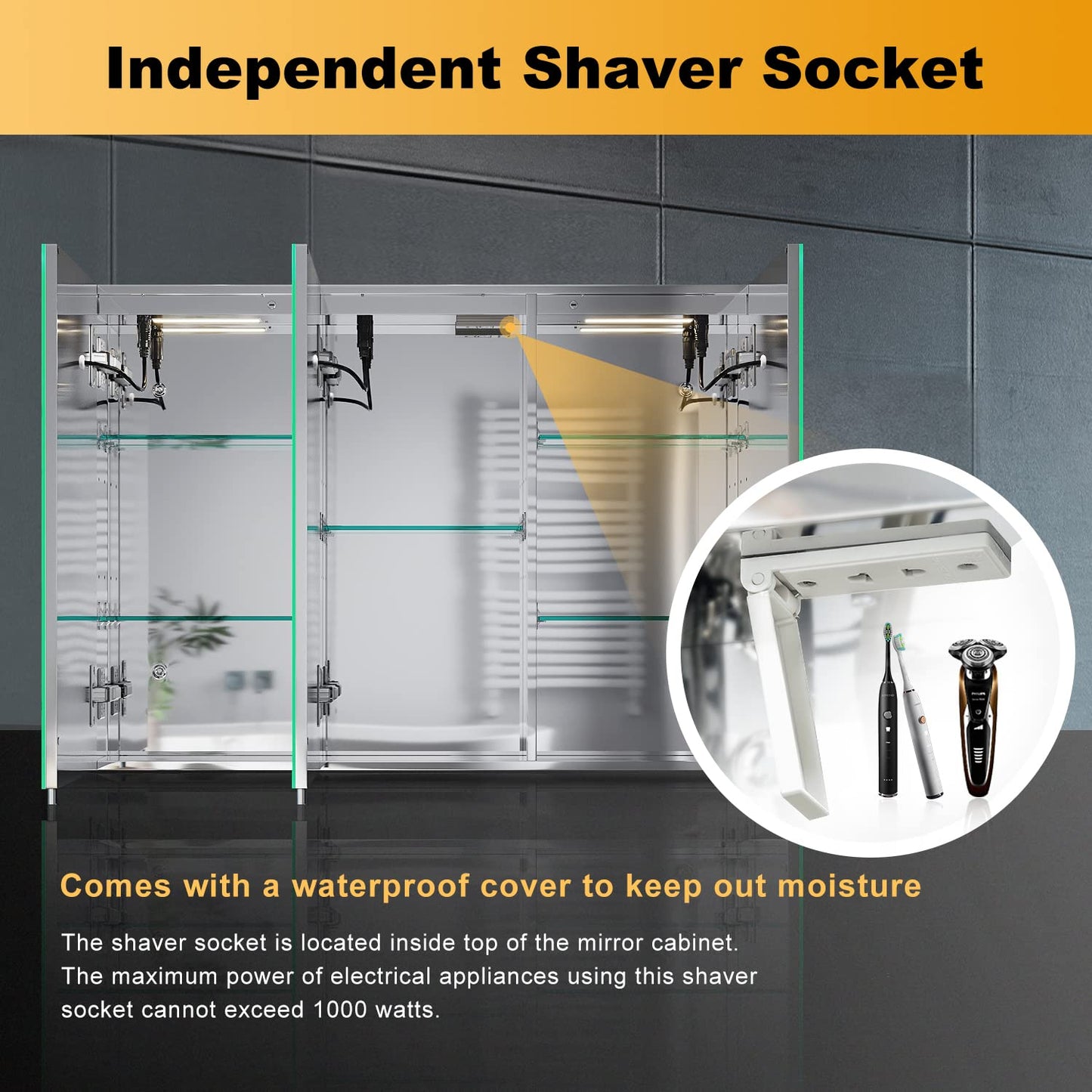 ELEGANT Large Bathroom Cabinets Wall Mounted with Bluetooth and Shaver Socket Stainless Steel Illuminated Bathroom Wall Cabinets Dimmer