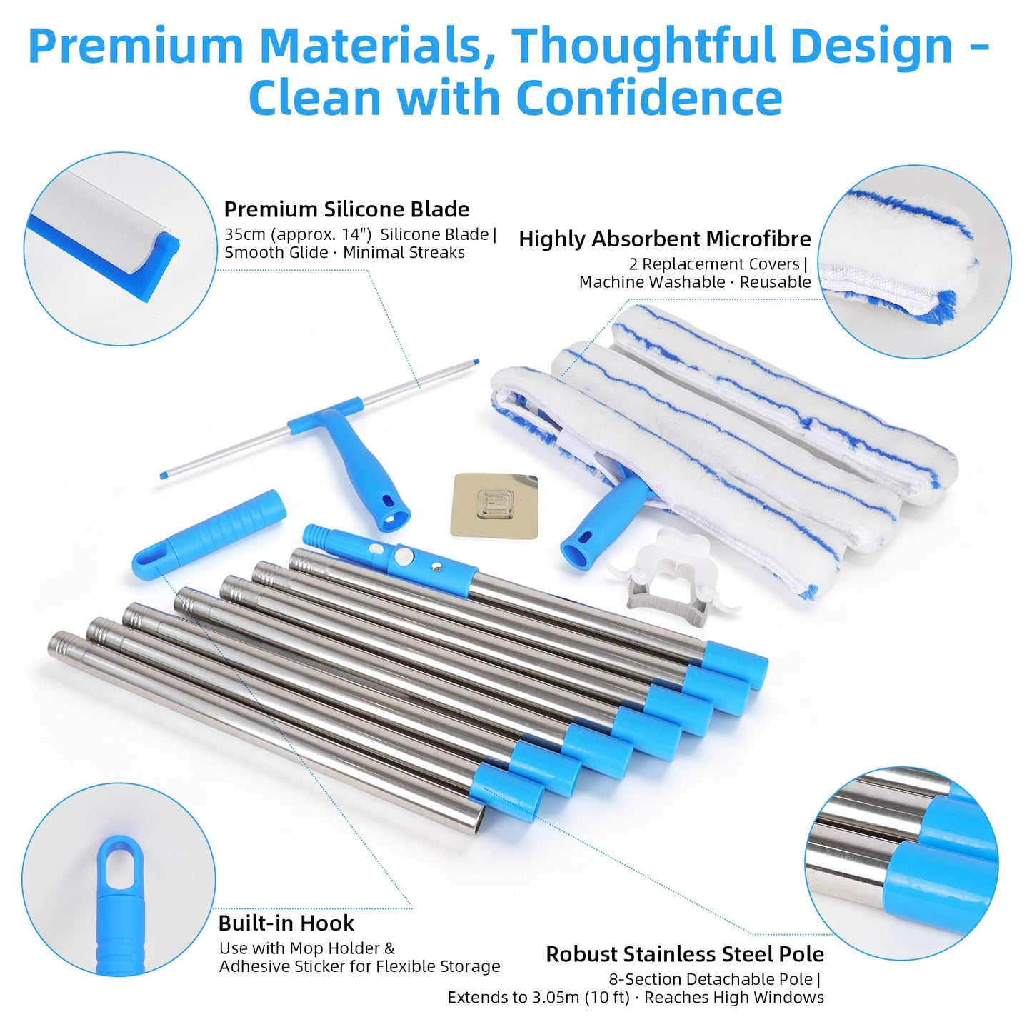 Window Cleaning Equipment with 3m Extension Pole, Squeegee Scrubber Tool