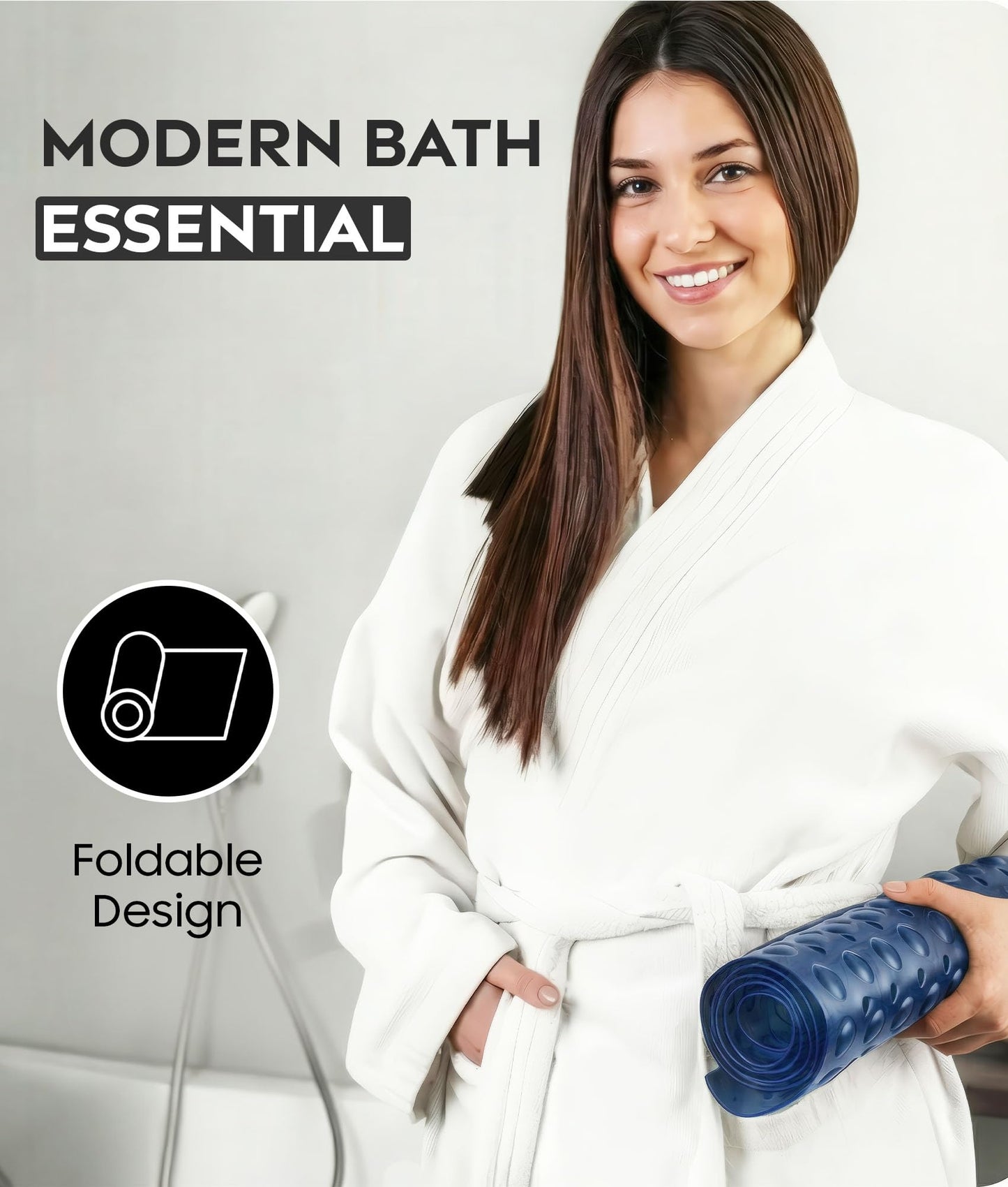 ADOV Bath Mat Non Slip, 100 x 40 cm Extra Long Shower Mat Anti Mould, Bathroom Bathtub Mats for Tub, 200 Strong Suction Cups and Drain Holes