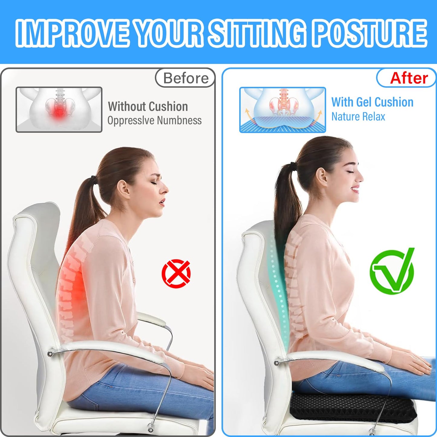 TOGETDREAM Gel Seat Cushion, Honeycomb Cushions with Cloth Cover Thick Car Seat Cushion Cool Cushions Chair Seat Pads for Bottoms Soft Sitter and