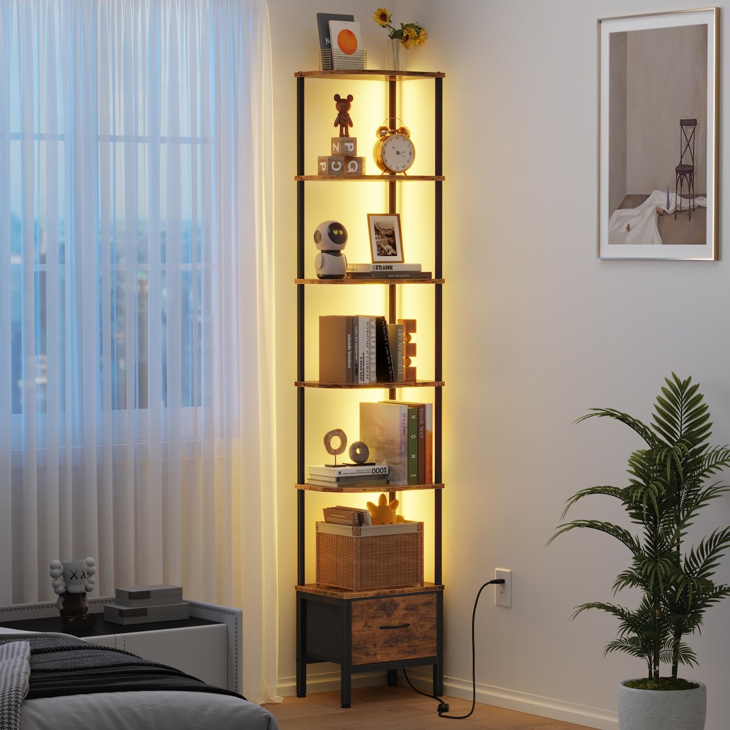 OYRREU 6-Tier Corner Shelf with LED Light & Fabric Drawer, Retro Brown