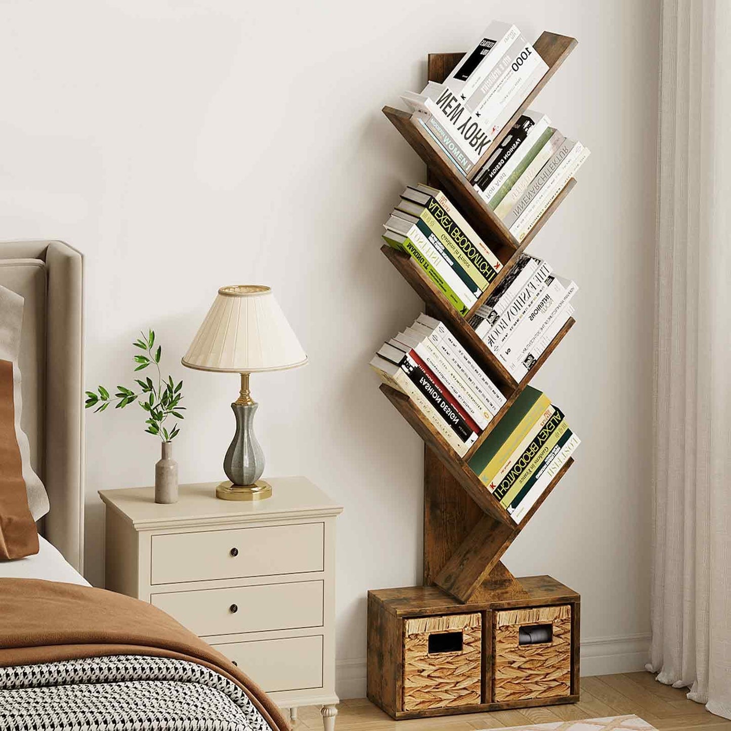 Vagusicc 6 Tier Tree Bookshelf with 2 Storage Baskets, Tall Display Shelf Organizer for Books, Magazines, Home Decor