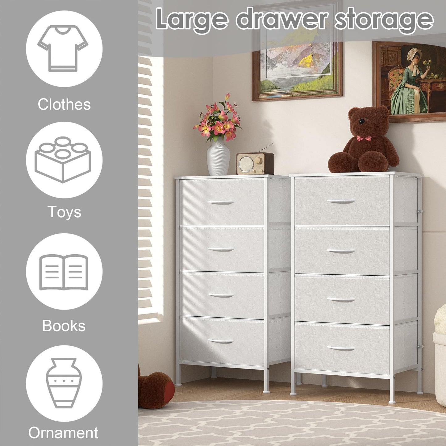 KU Syang Bedroom 4-Drawer Chest Storage Unit, MDF Top Adjustable Feet Anti-Tip Design for Bedroom Living Room, Size 45x30x91cm (17.7x11.8x35.8in)