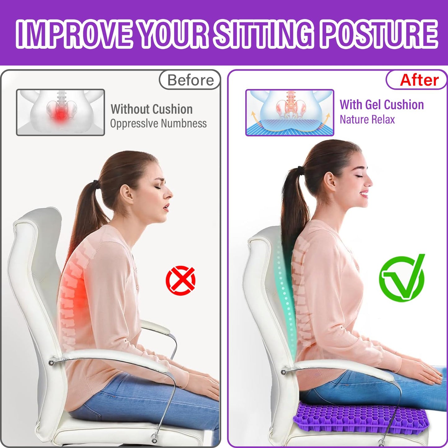 TOGETDREAM Gel Seat Cushion,Soft Sitter Honeycomb Ergonomic Cushion Cool Gel Cushion Large Double Thick Gels Cushions with Cloth Cover Pressure Pain