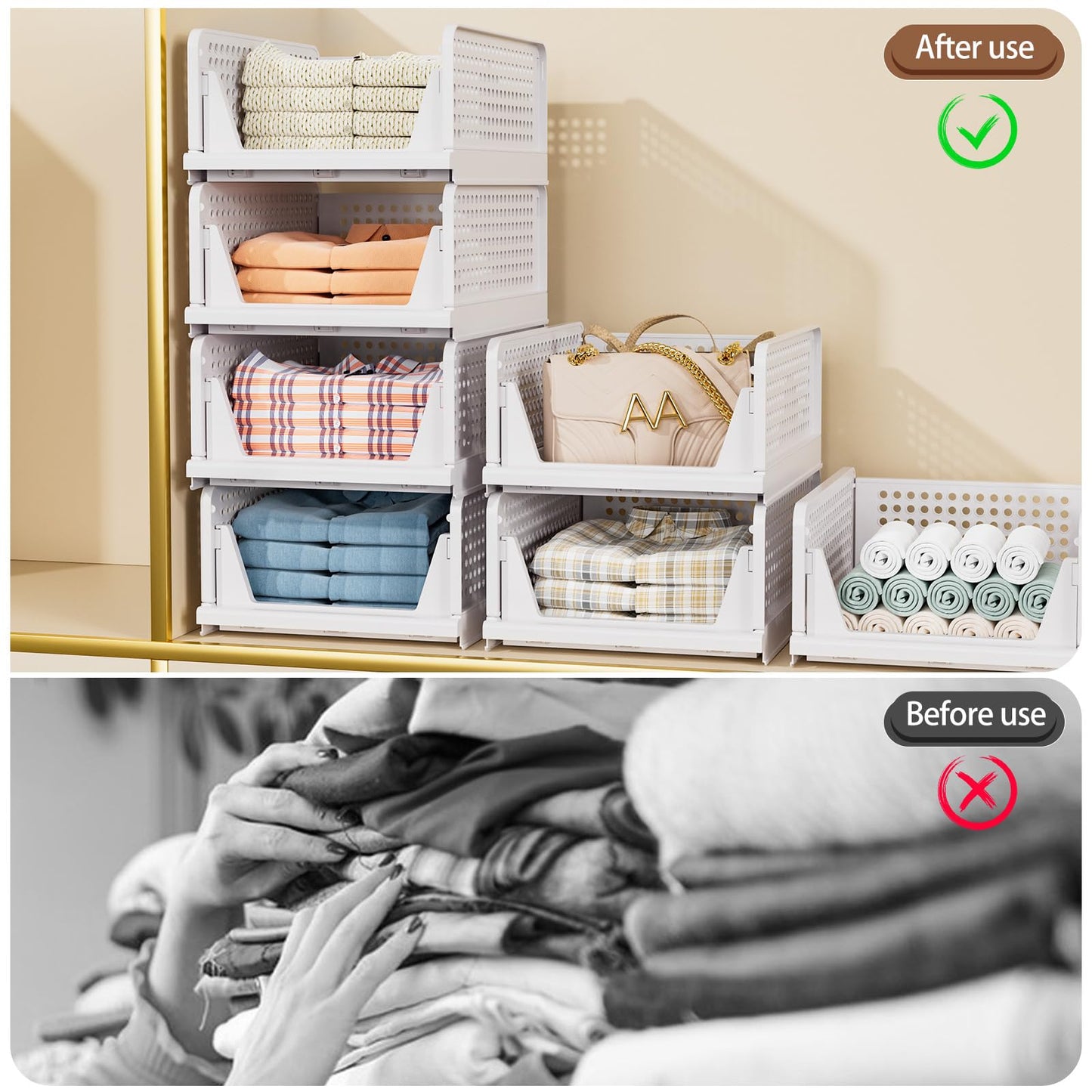 TidyIsles 8 Pack Plastic Folding Closet Stackable Storage Basket Closet Storage White