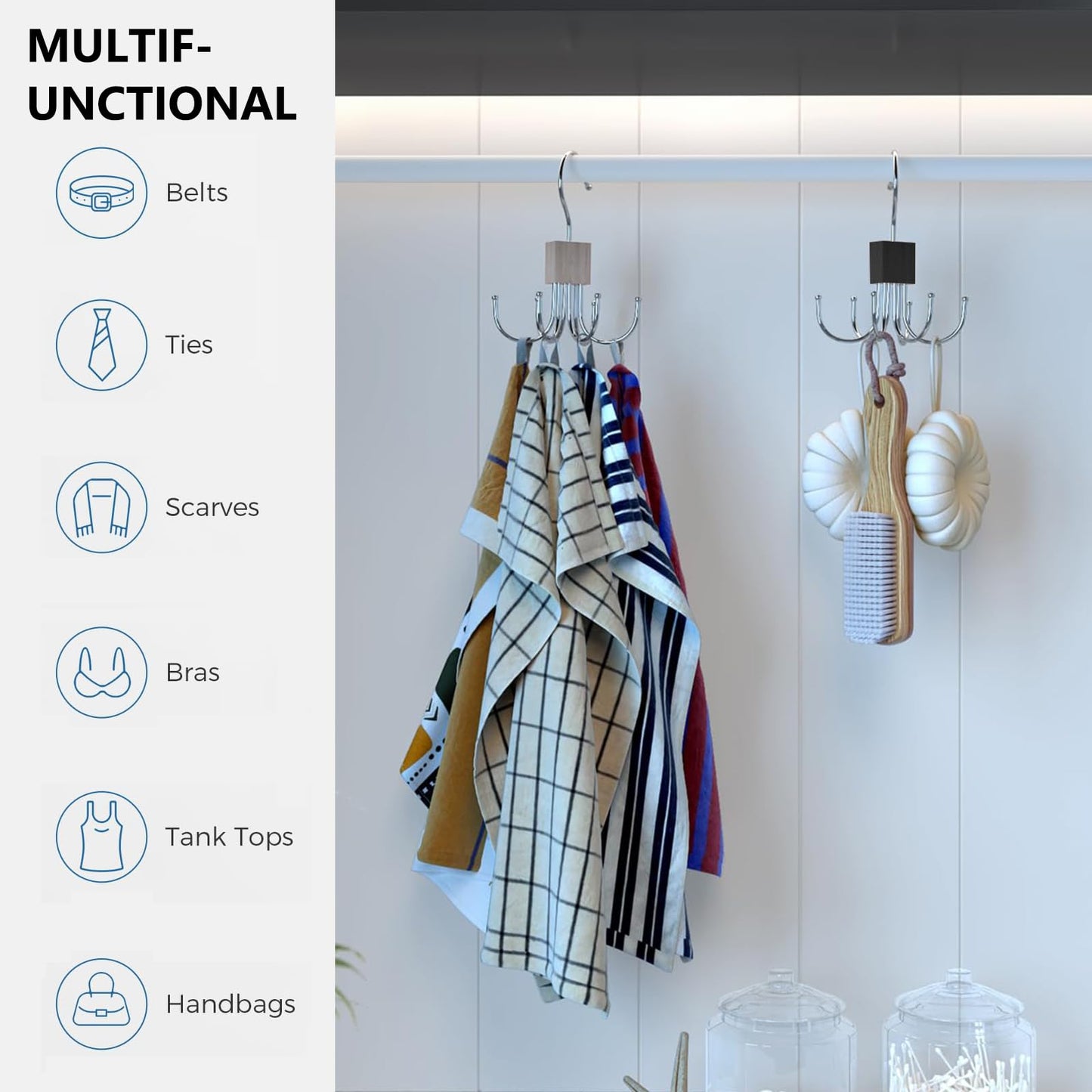Belt Hanger Tie Rack, 2 Pcs Closet Hanger Organizer 360° Rotatable Metal Belt Holder for Closet Accessories Organizer and Storage