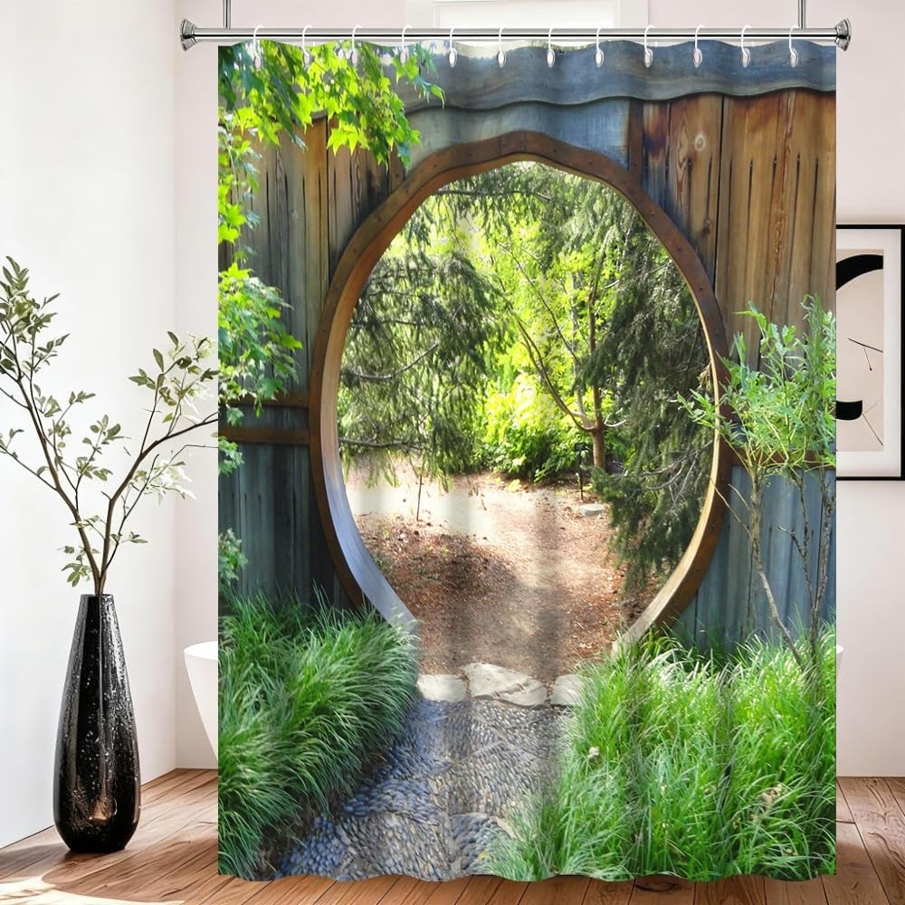 Xiaoterna Japanese Garden Shower Curtain 3D Spring Forest Nature Scenery Bathroom Curtain Circle Rustic Wooden Doorway Gate Green Plant Sunshine