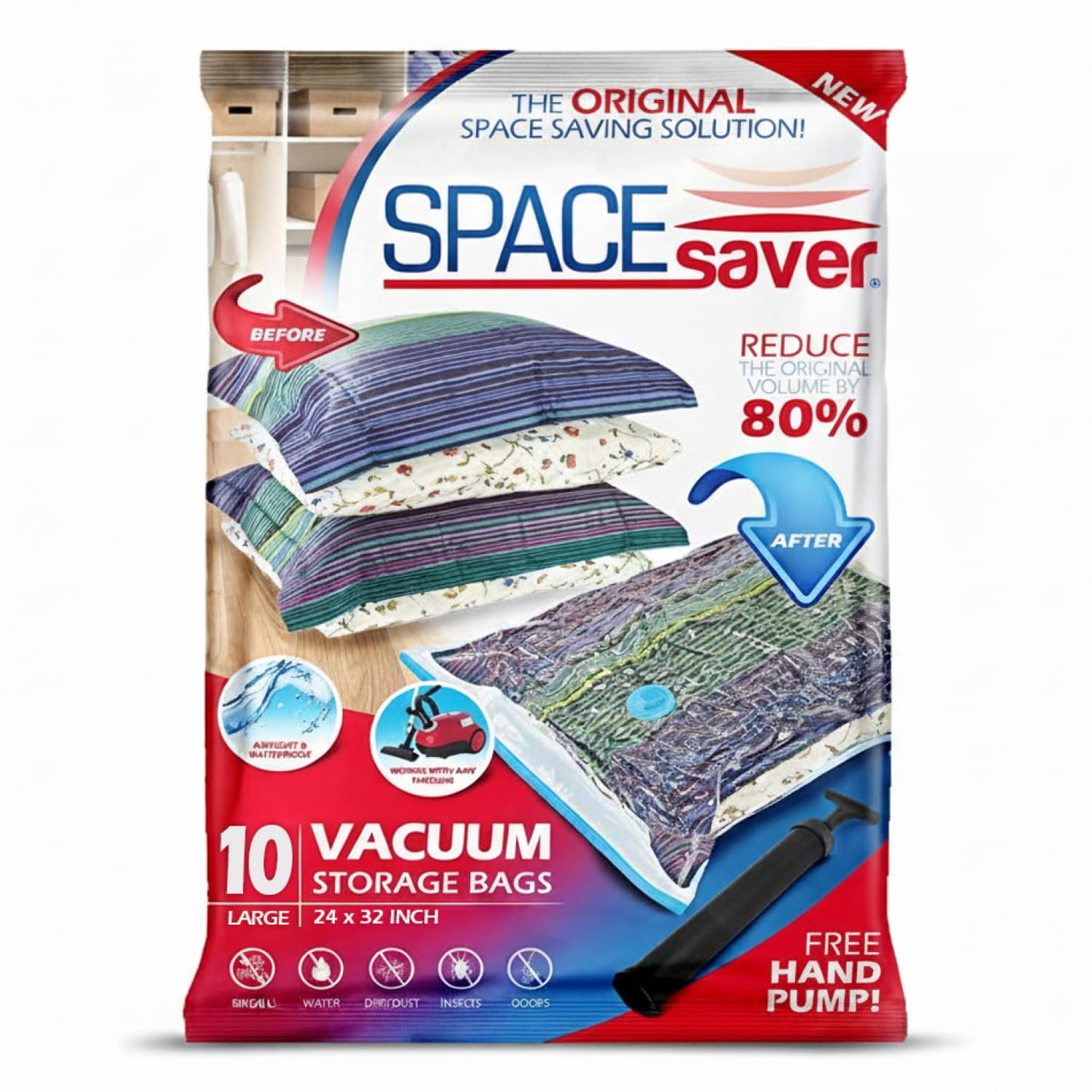 SpaceSaver Vacuum Storage Bags - Large 10-Pack Clothes Storage Bag Set with Pump - Reusable Vacuum Sealer Bag for Comforters, Bedding, Clothing