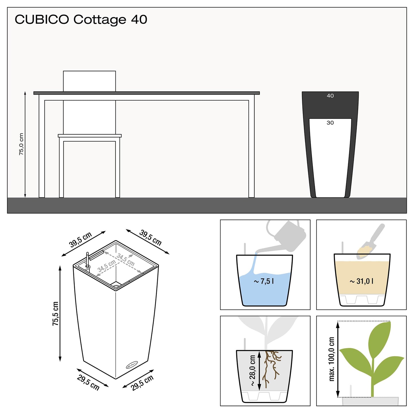 Lechuza Self Watering Plant Pots CUBICO Cottage 40 Large Rattan Look Plastic Outdoor Indoor Planter with Drainage Hole H75 L40 W40 cm Granite