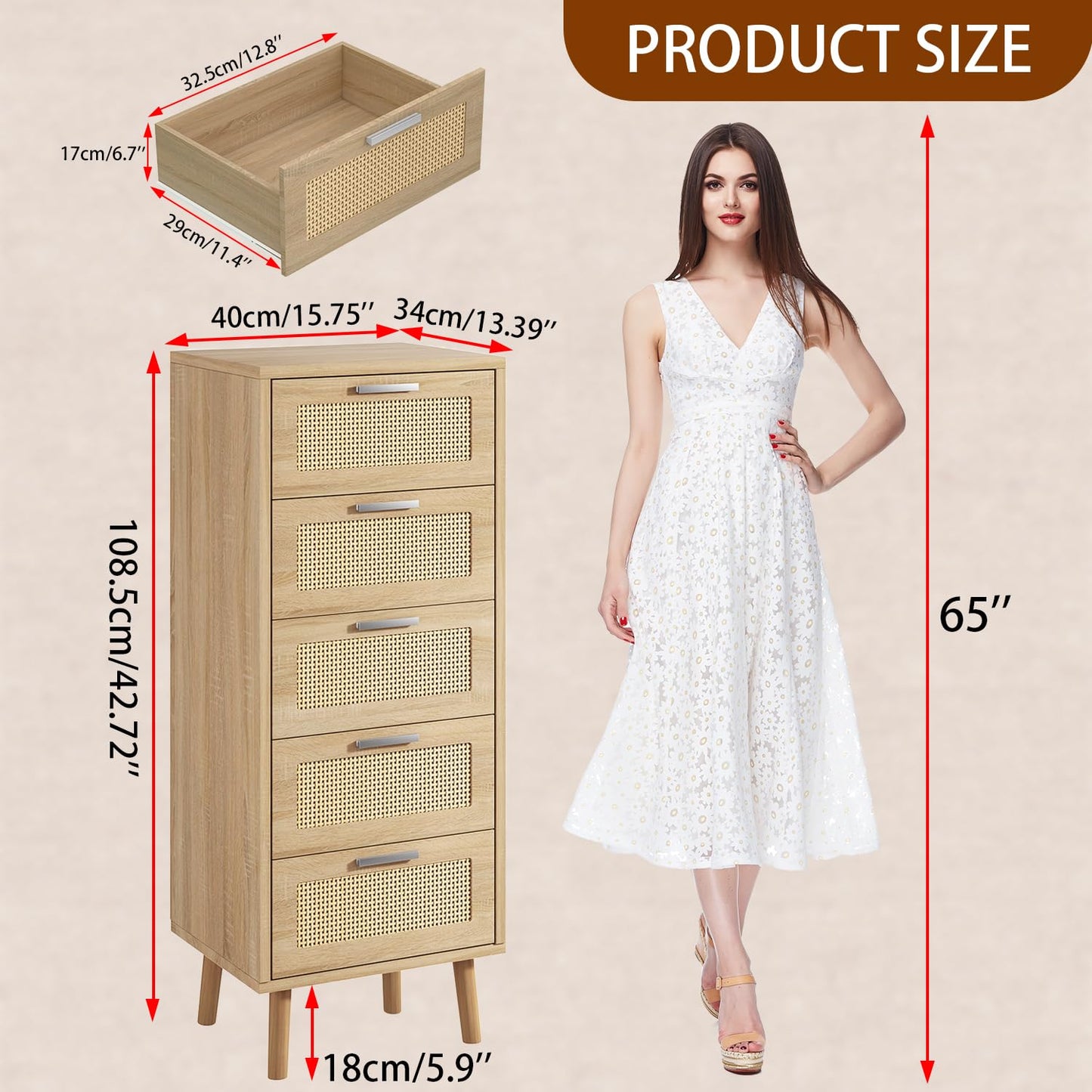 IBUYKE Rattan Chest of Drawers Bedroom with 5 Drawers,Natural WST010N