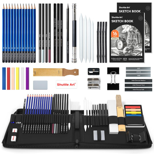 Shuttle Art Sketching Pencils and Drawing Set, 52 Pack Sketch Pad and Pencil Set in Sturdy Zipper Case with Charcoal Pencil and Sketch Books,