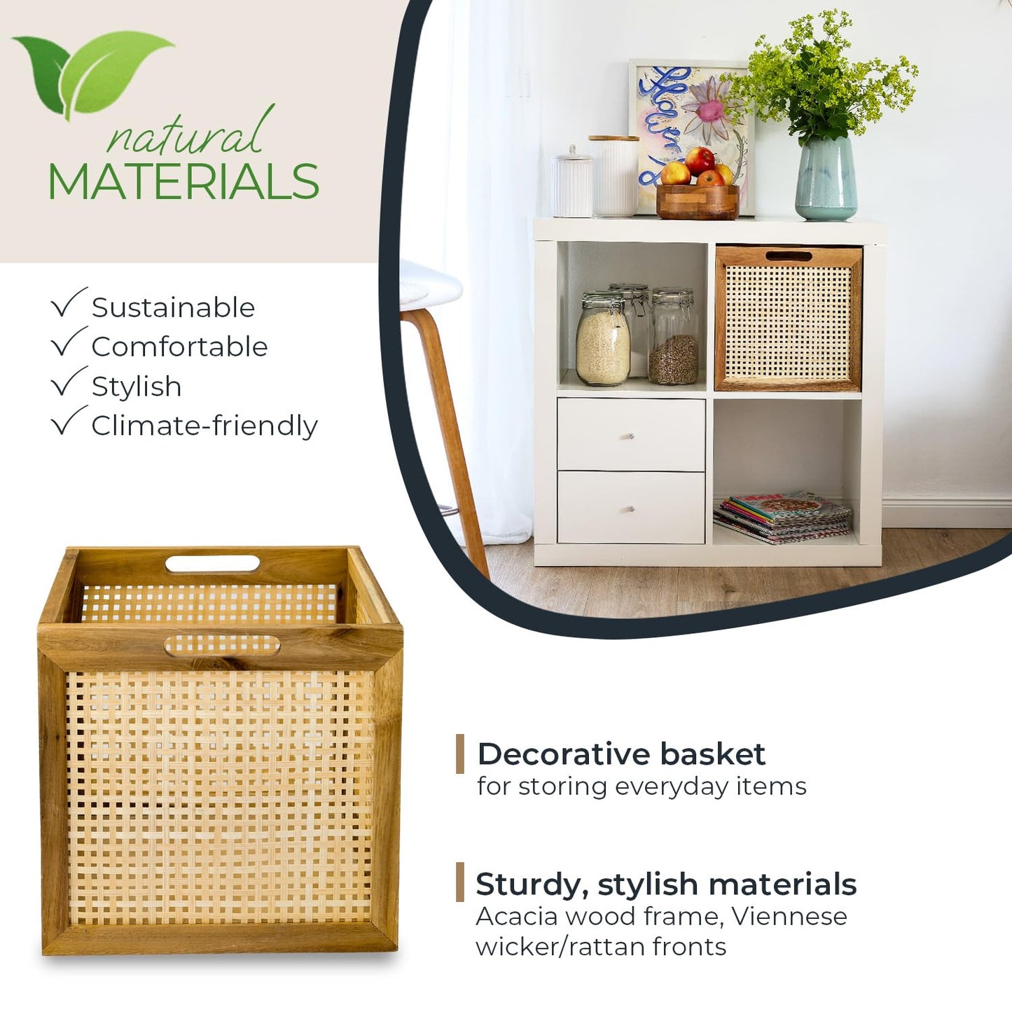 HMF Storage basket suitable for Kallax shelves, basket made of rattan with Viennese wicker and acacia wood, pattern 3, 32 x 34 x 32 cm