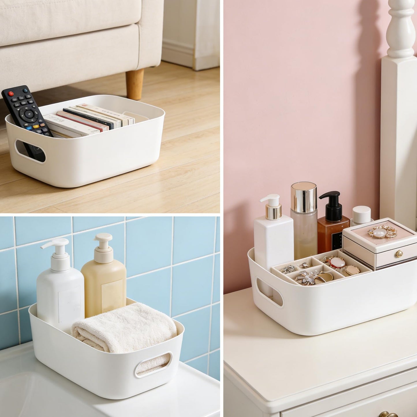 YUENPUN 10 PCS White Plastic Storage Organiser, Small White Storage Box Handle, Plastic Studio Storage Basket Bins for Kitchen, Bathroom