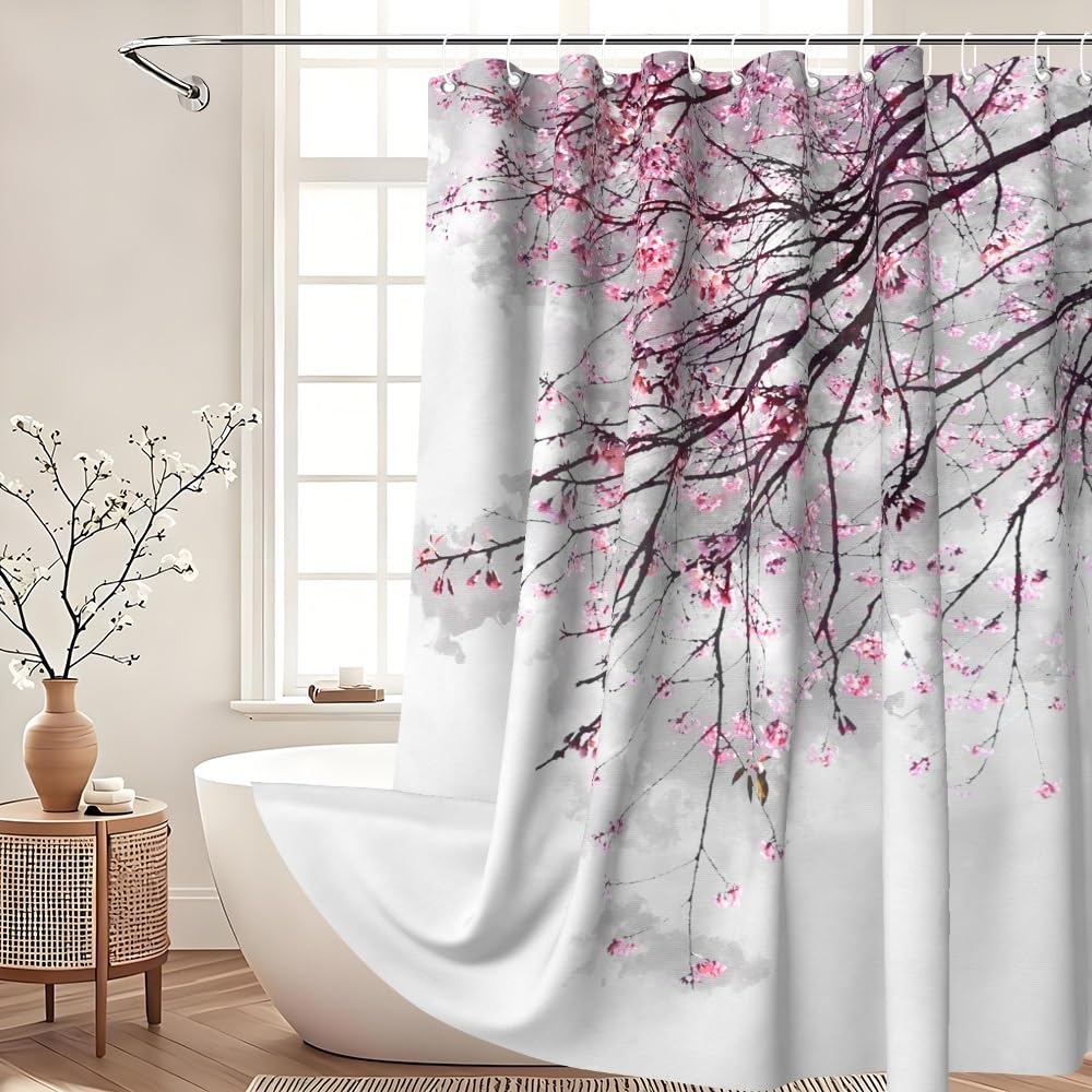 Xiaoterna Spring Shower Curtain Cherry Blossom Shower Curtain Red Plum Floral Bathroom Curtain Chinese Oriental Ink Painting Floral Shower Curtain
