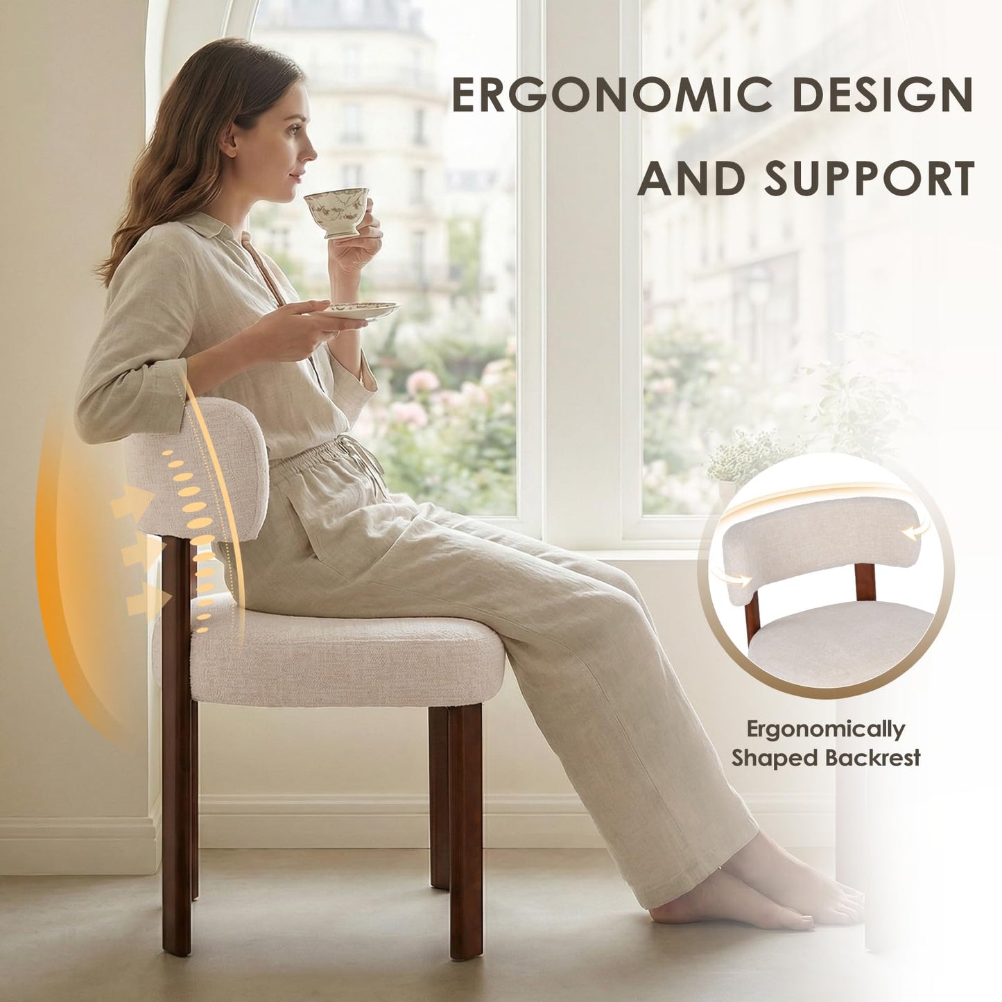 COLAMY Wooden Dining Chairs Set of 6, Fabric Chairs for Dining Room with Open Curved Backrest and Thick Seat Cushion