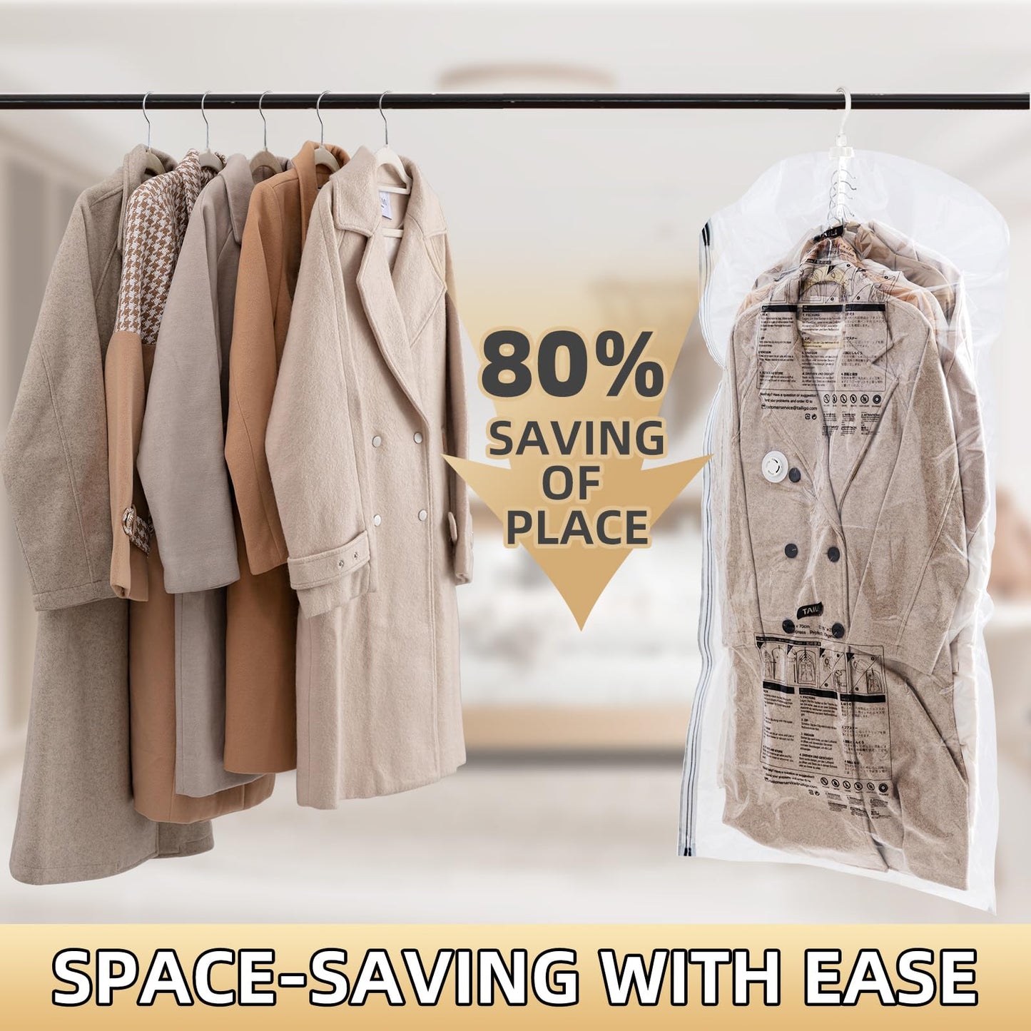 Hanging Vacuum Storage Bags, 6 Large Vacuum Pack Bags for Clothes Reusable Space Saver Bags Vacuum Compression Storage Bags for Winter Coats Wardrobe