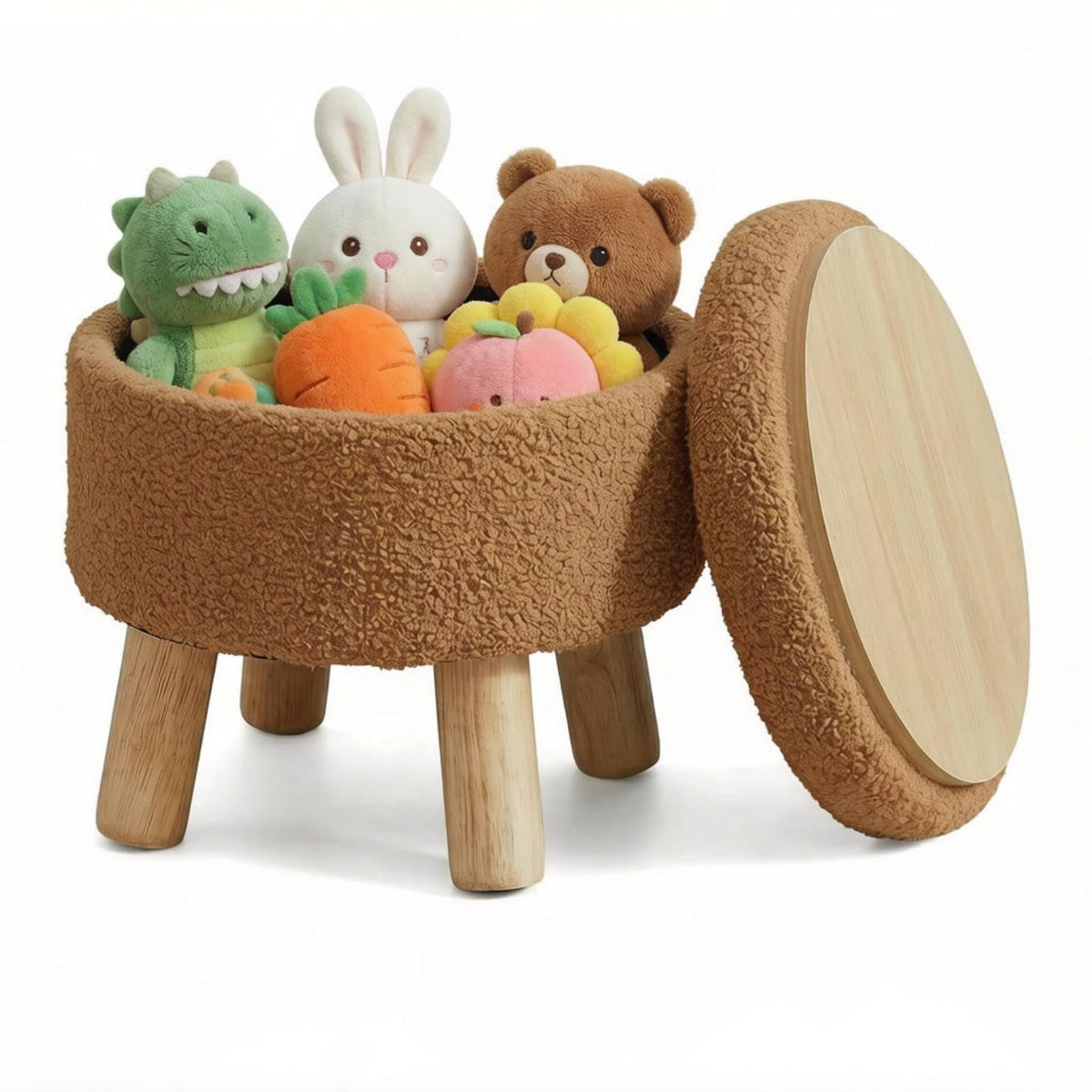 Perclyzm 13 Inch Round Storage Stool With Lid, Teddy Fleece Footstool With Storage, Padded Pouffe With Solid Wood Legs