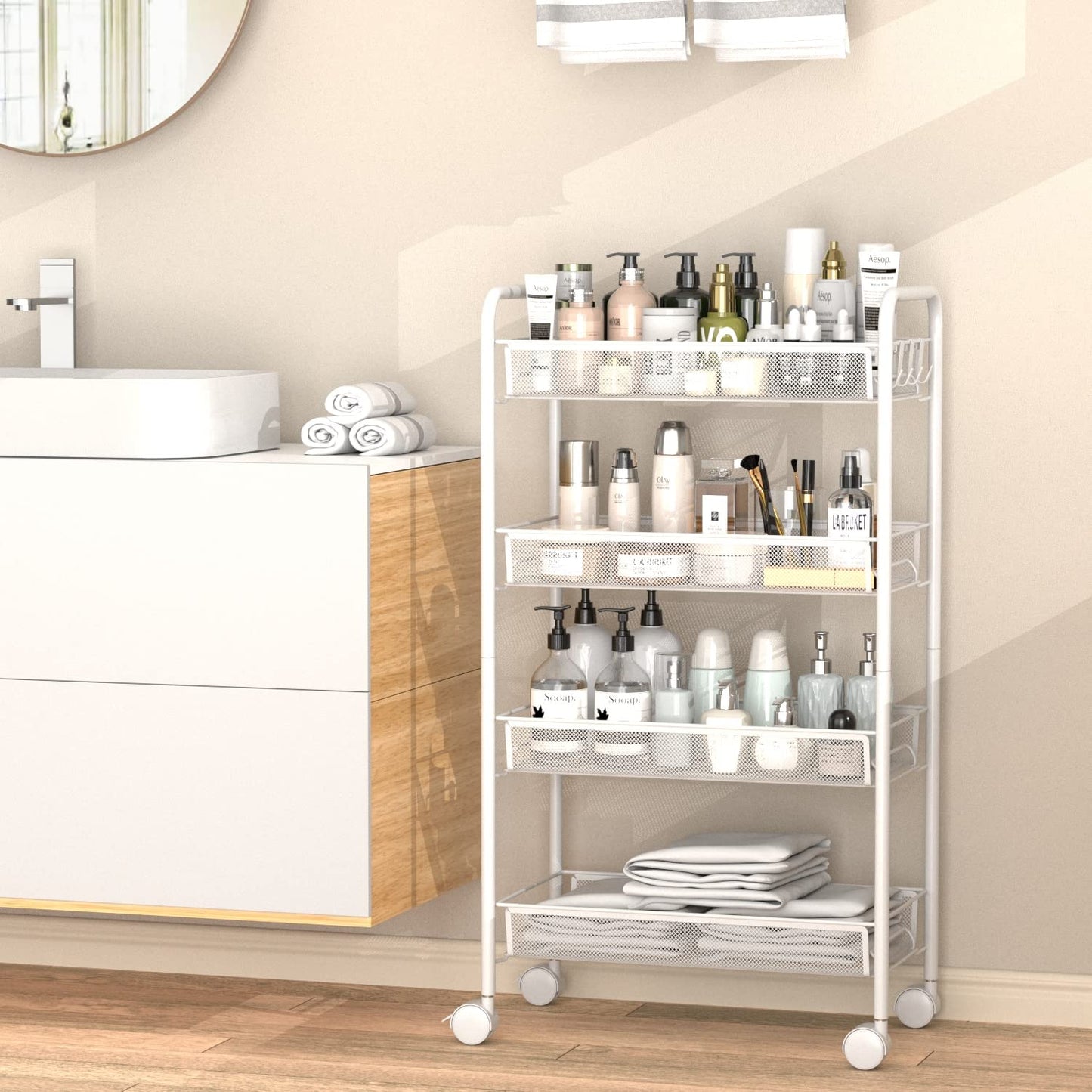 4 Tier Mesh Wire Rolling Cart, Kitchen Storage Organizer Utility Cart, Full Metal Basket Storage Art Trolley Carts with Wheels & 4 Side Hooks