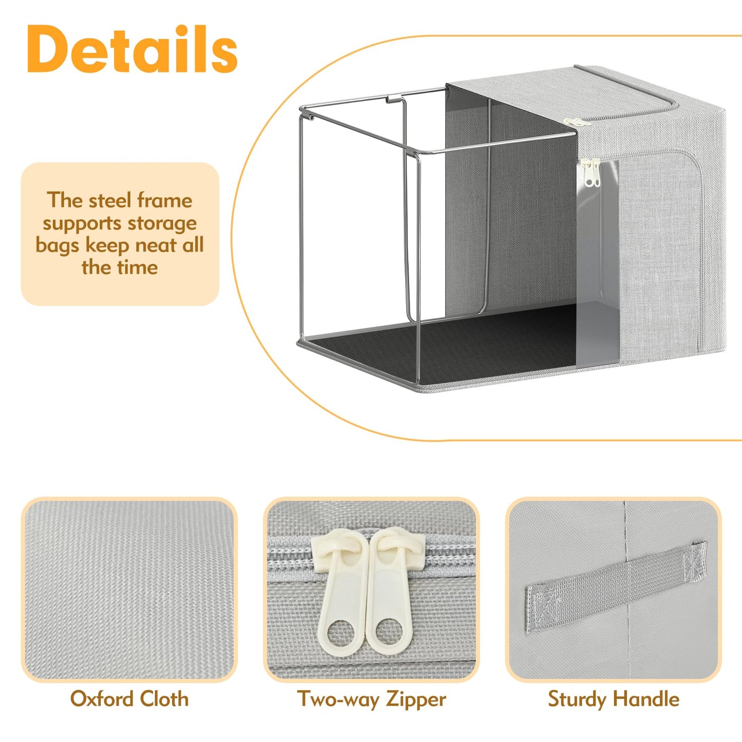 AIOR 3PCS 100L Clothes Storage Bags with Metal Frame, Foldable Fabric Storage Boxes with Clear Windows for Blankets Bedding Comforters