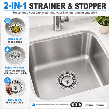 Kitchen Sink Plug Strainer, Stainless Steel Sink Plug Replacement for 82mm Old Plug Size, Food Hair Catcher Drain Stopper, Pop Up Sink Drainer Plug