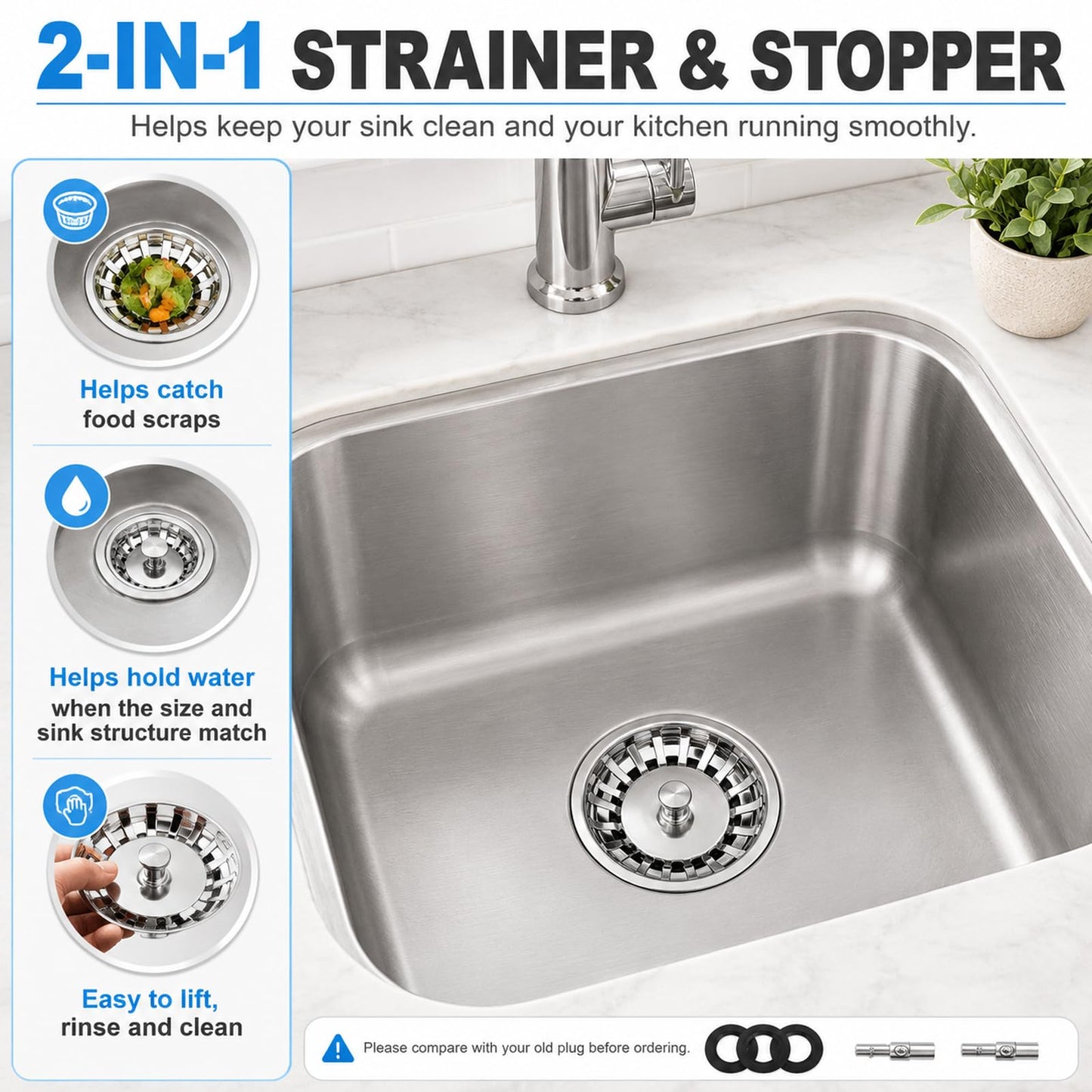 Kitchen Sink Plug Strainer, Stainless Steel Sink Plug Replacement for 80mm Old Plug Size, Food Hair Catcher Drain Stopper, Pop Up Sink Drainer Plug