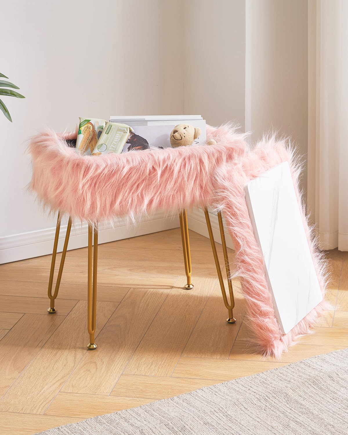 IBUYKE Rectangular Faux Fur Vanity Stool with Storage, Pink WBD022P