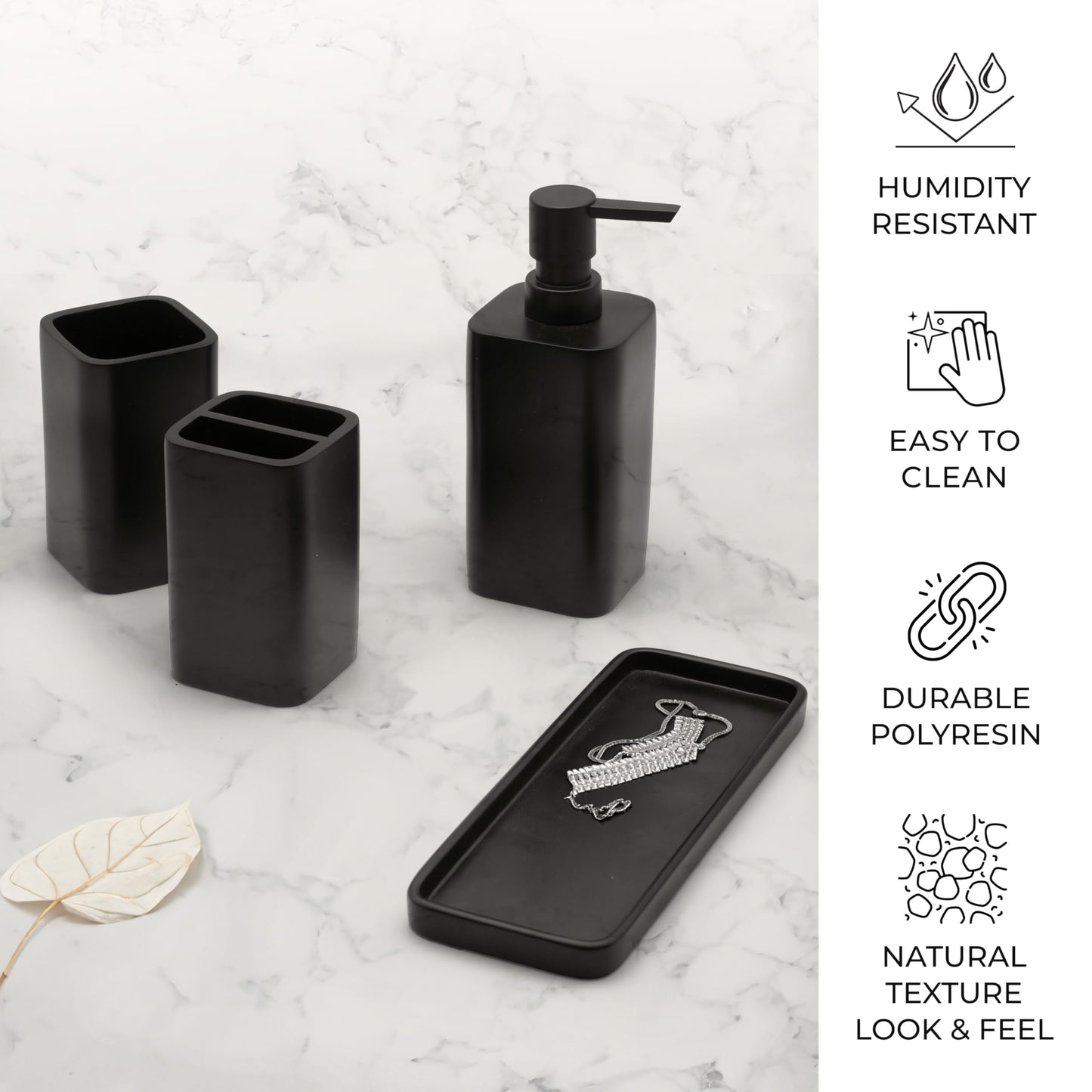 zccz Bathroom Accessory Set - 4 Piece Organiser with Toothbrush Holder, Soap Dispenser, Tumbler and Tray - Black Matte Accessories