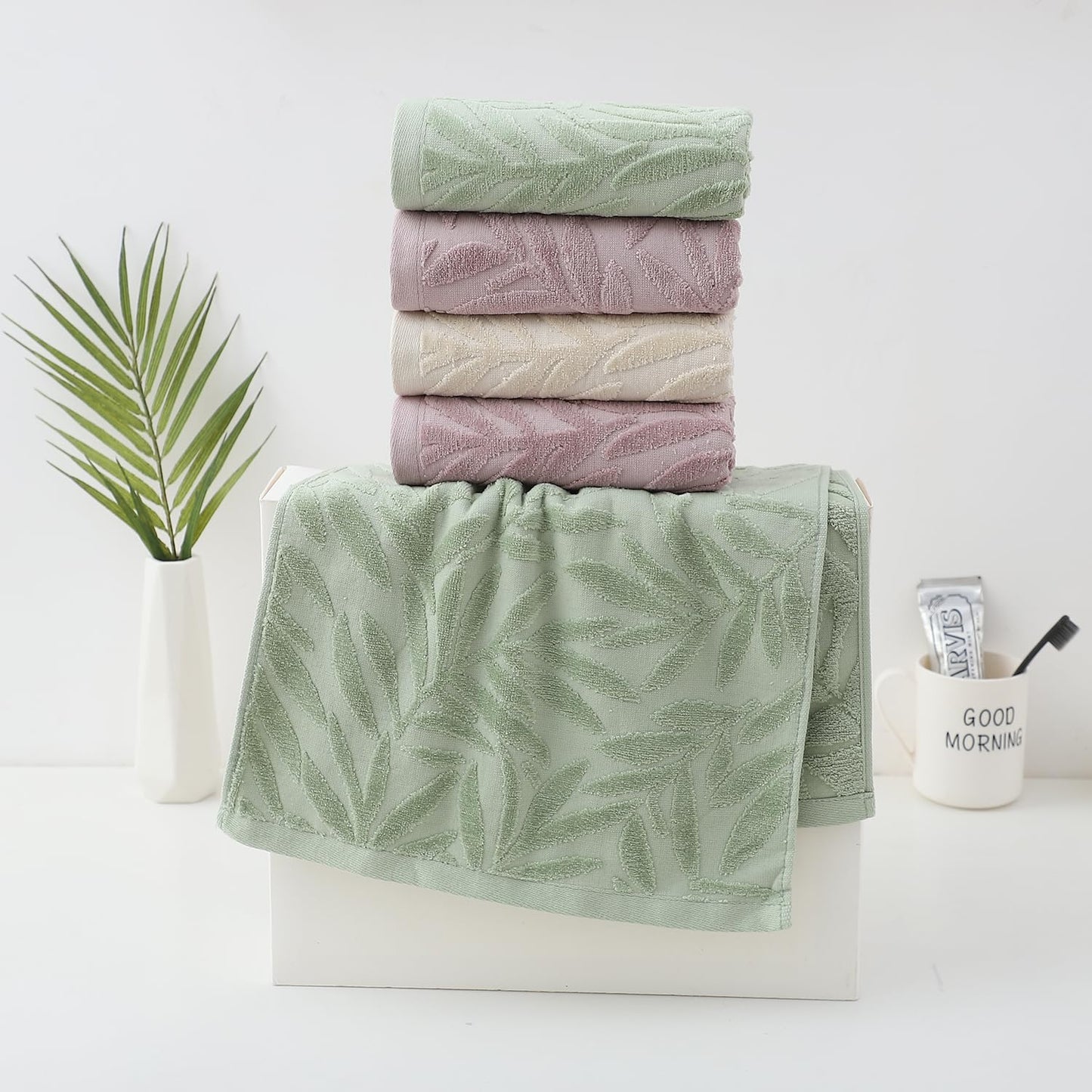 Pidada Hand Towels Set of 2 Leaf Pattern 100% Cotton Absorbent Soft Decorative Towel for Bathroom (Green)