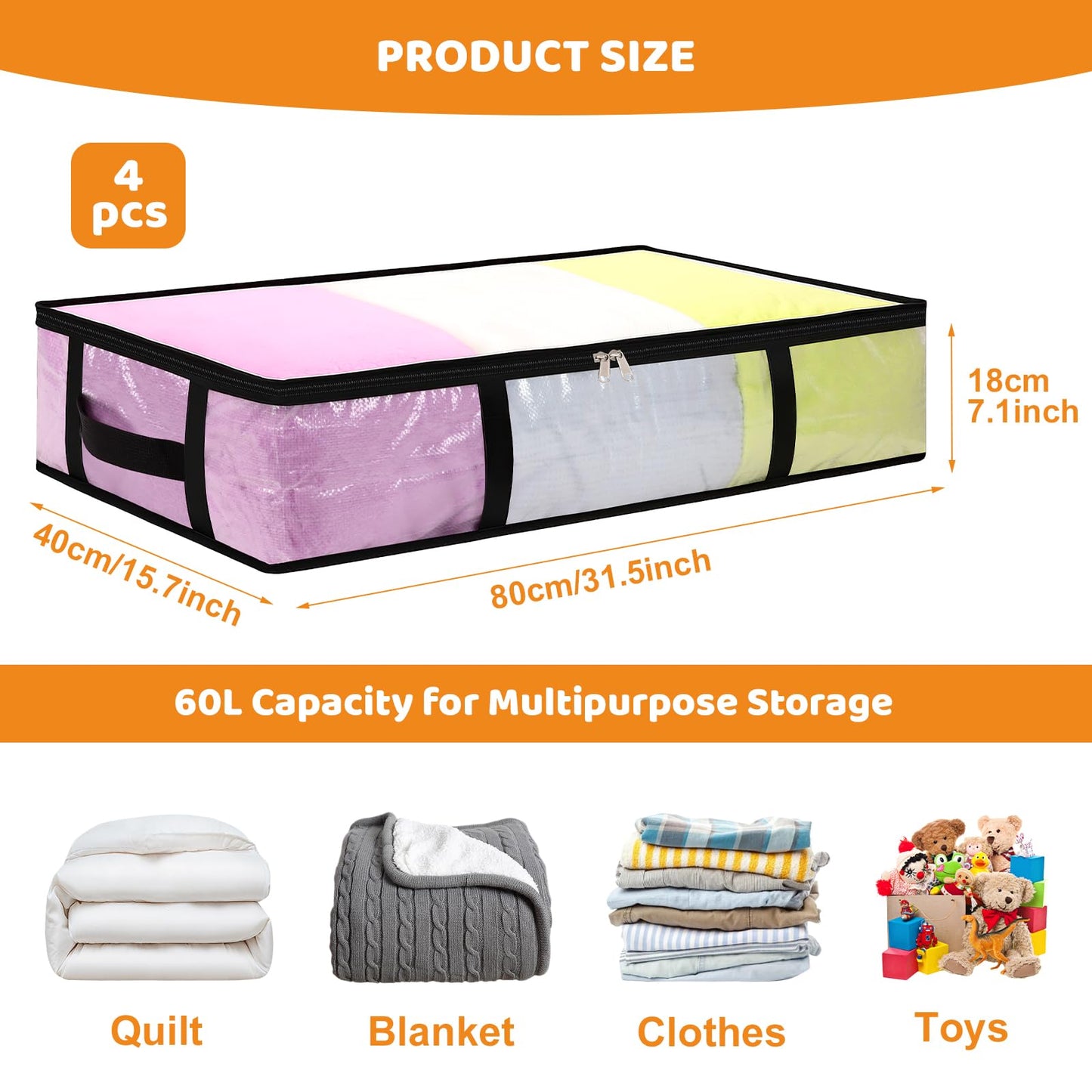 4 Pack 60L Under Bed Storage Bags Foldable UnderBed Storage Box, Clear PP