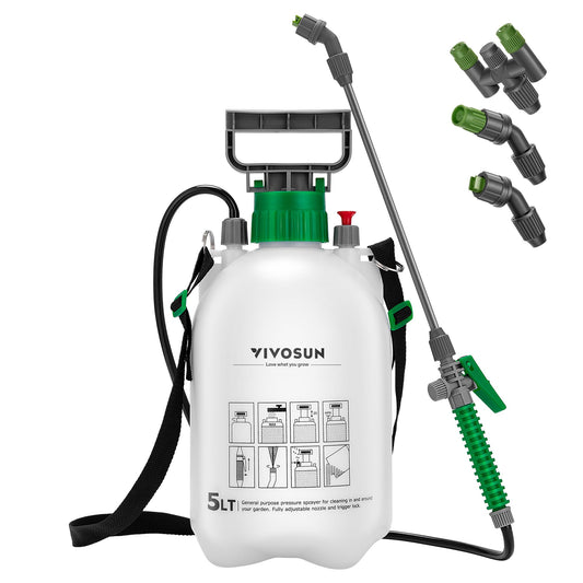VIVOSUN 1.3 Gallon Pump Pressure Sprayer, 5L Pressurized Lawn & Garden Water Spray Bottle with 3 Water Nozzles, Adjustable Shoulder Strap, Pressure
