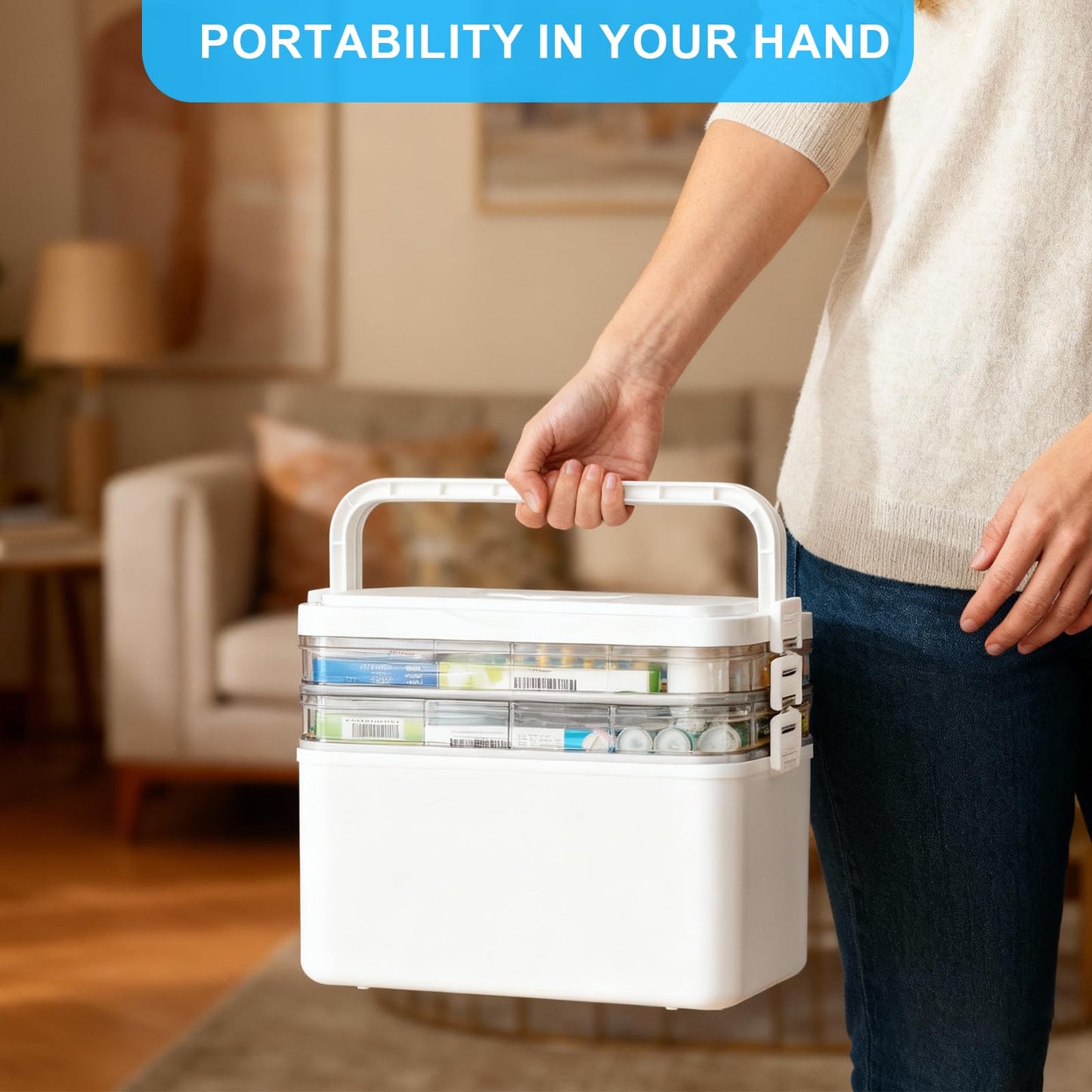 3 Layer Medicine Storage Box Organiser with Handle, Portable Medicine Container First Aid Box Empty