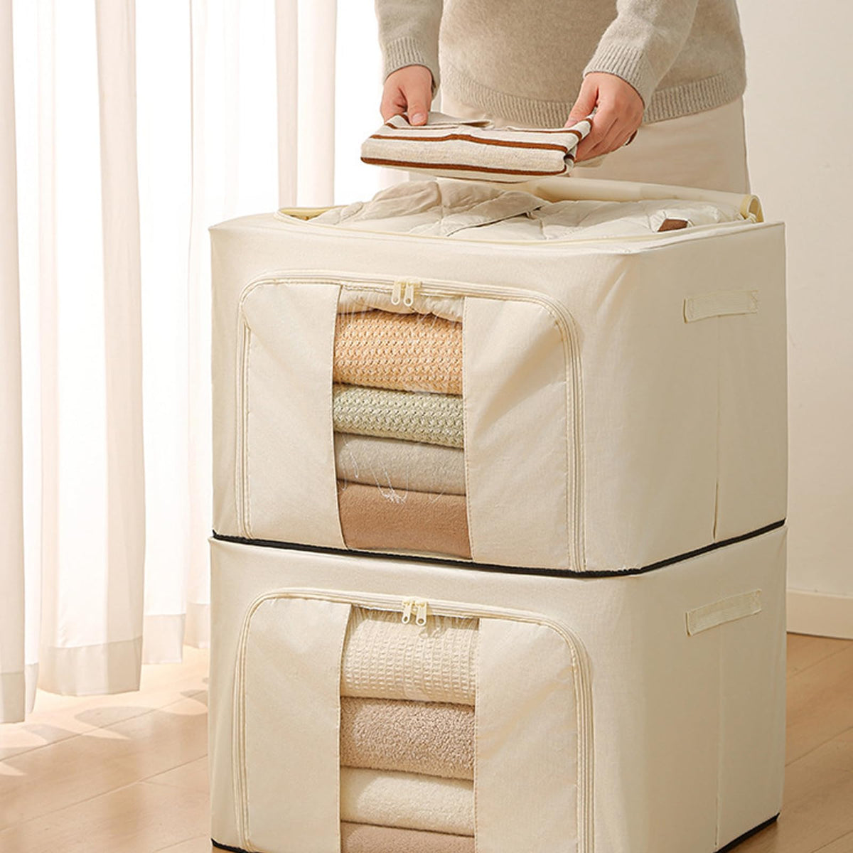 Goesort 3 Pack Clothes Storage Boxes with Steel Frame Support, 66L Moving Bag Wardrobe Storage Organiser Packing Boxes for Moving House with Clear
