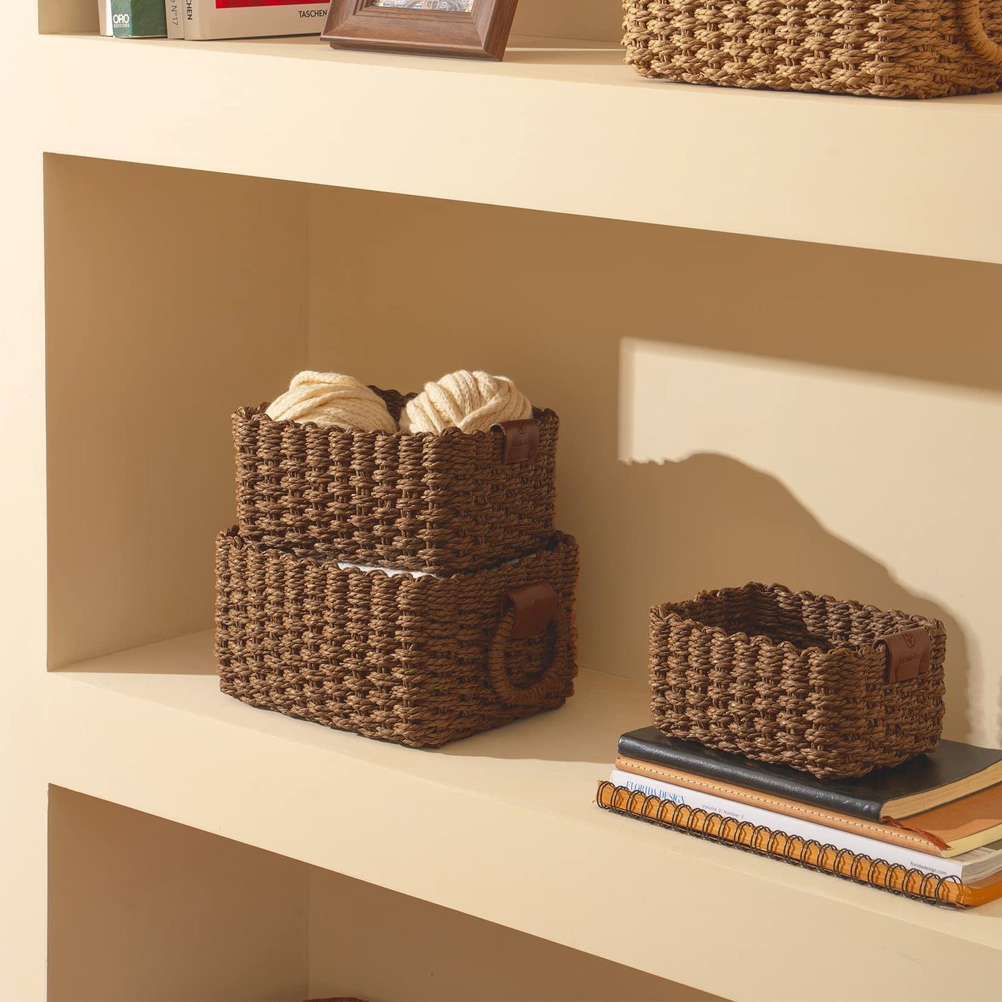 La Jolíe Muse Woven Storage Baskets, Recycled Paper Rope Bin Organizer Divider for Cupboards Drawer Closet Shelf Dresser, Set of 3 (Chocolate)