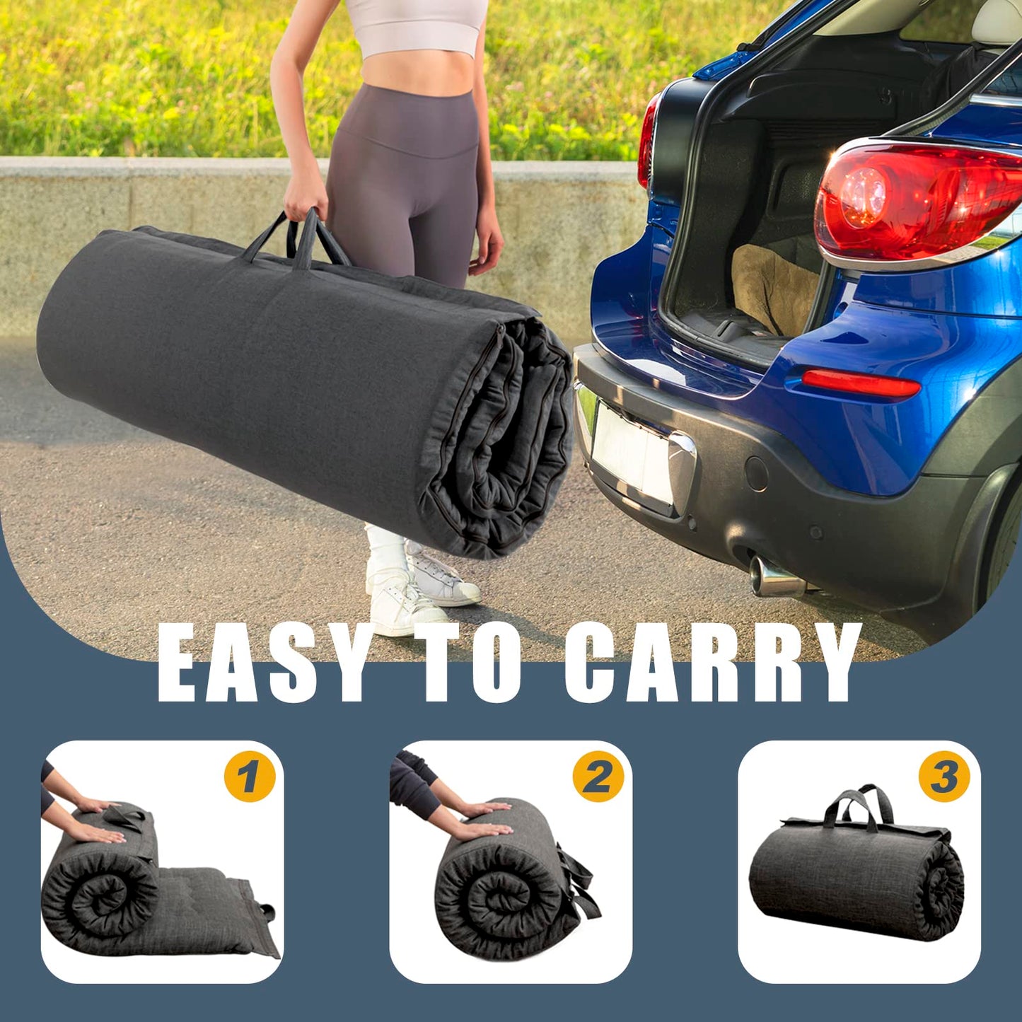 MAXYOYO Portable Foldable Futon Mattress, Hypoallergenic Fabric and Foam Mattress Pad with Handle and Zipper for Outdoor Indoor Camping Guest Car