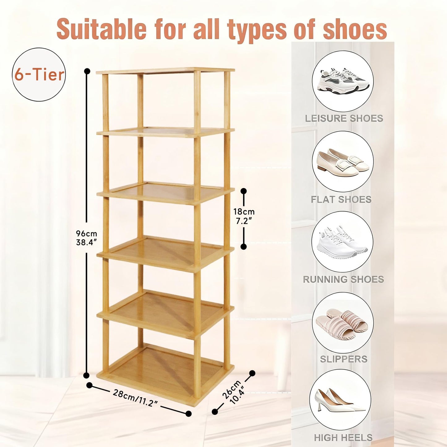Aniston 6 Tier Vertical Small Shoe Rack Bamboo,Free Standing Slim Narrow Shoe Storage,Shoe Shelf Organiser for Garage Closet Doorway Garage Living