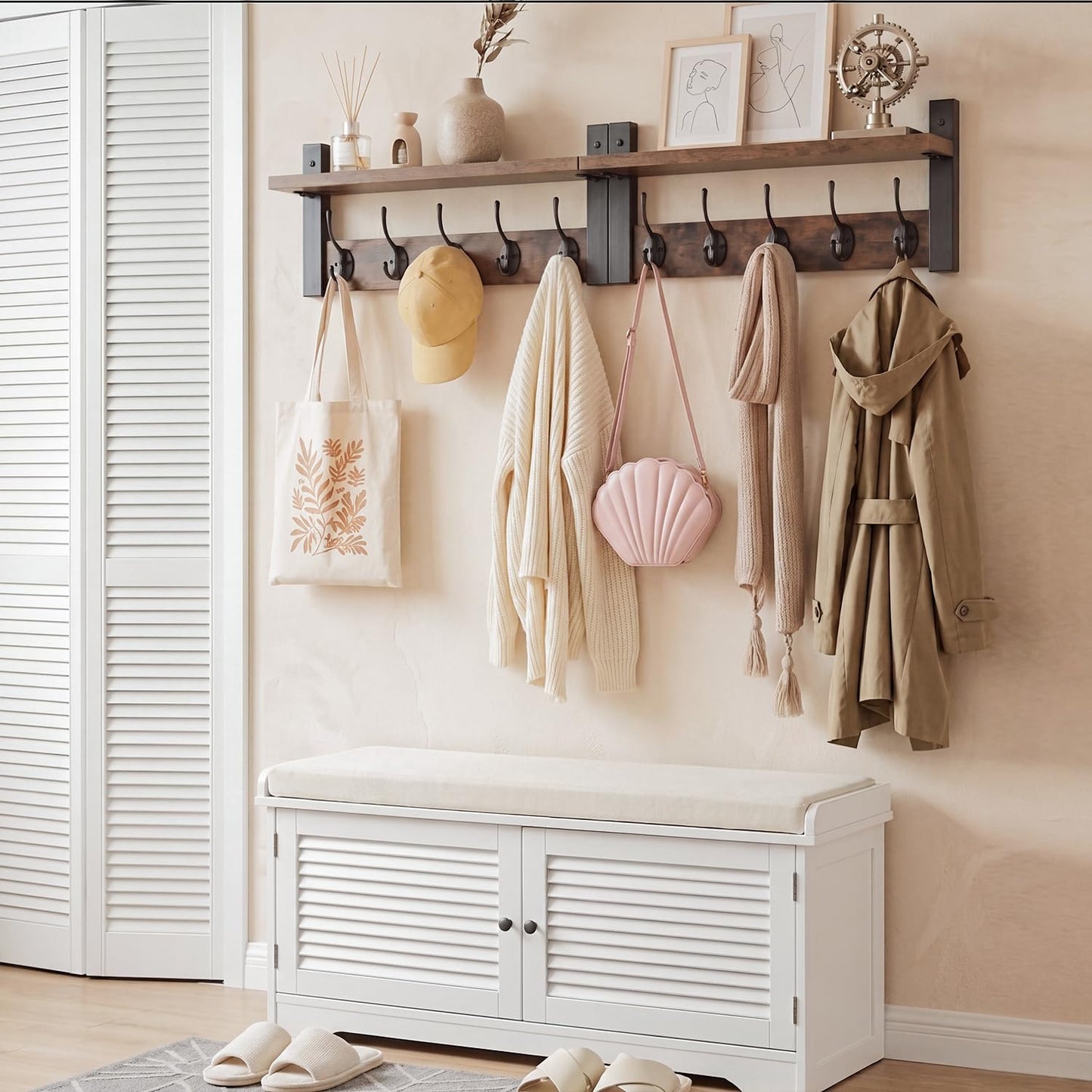 DongRong Coat Rack with Shelf 87cm, 10 Coat Hooks, Metal & Wood, Set of 2