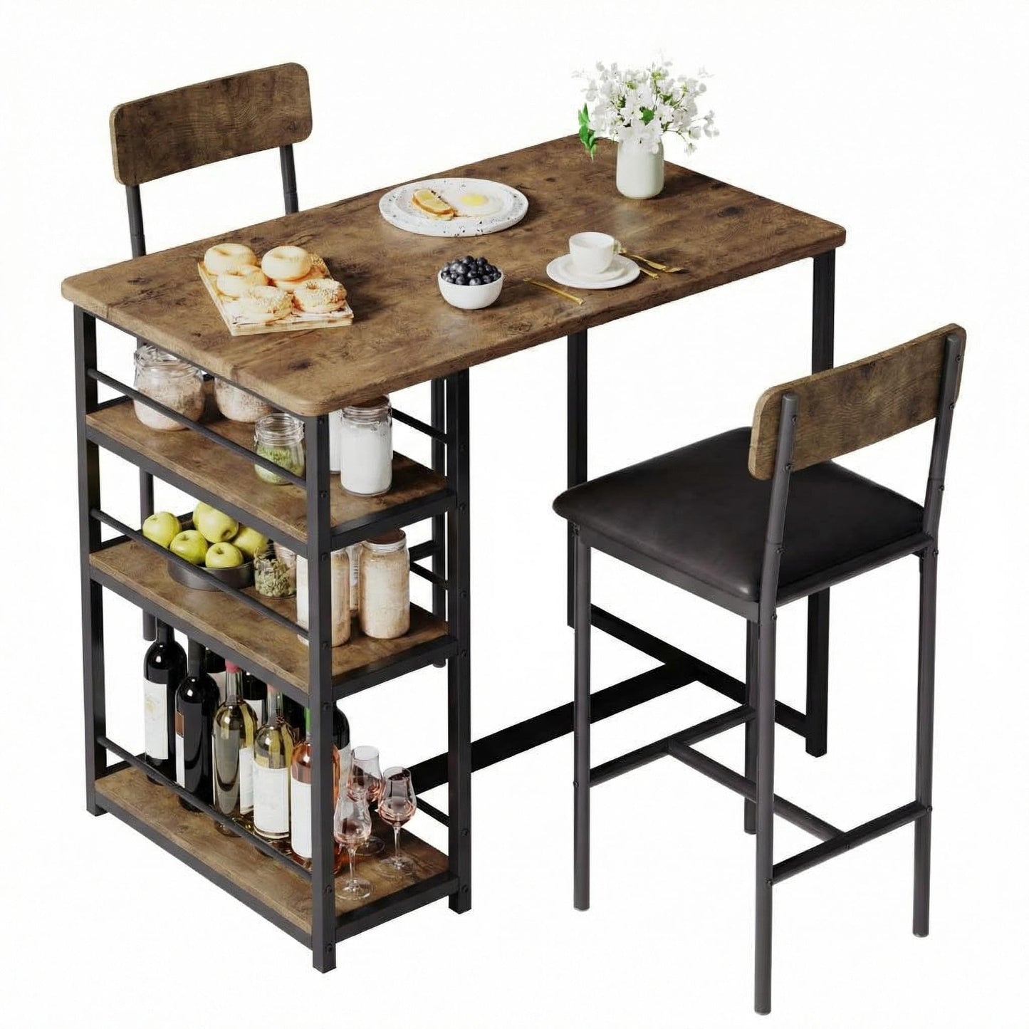 Crevyteg Compact 3-Piece Breakfast Bar Set for Small Spaces - Includes Storage Shelf Table & 2 High-Back PU Leather Stools