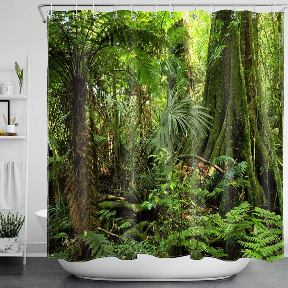 LB Green Shower Curtain Tropical Forest Nature Palm Tree Plants Shower Curtains for Bathroom with Hooks, Waterproof Mould Proof Resistant Polyester