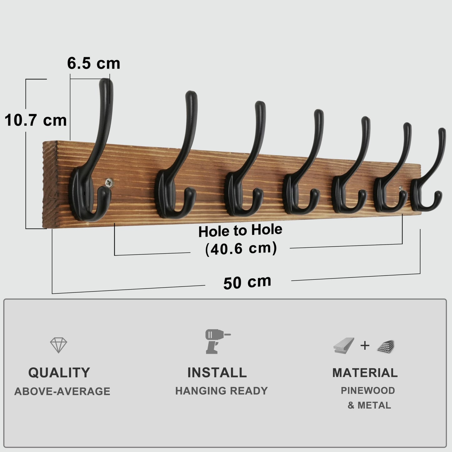 HONSKY Wall Coat Rack with 7 Double Hooks,50cm Wall Coat Hook,Wooden Coat and Towel Hanger Storage for Entryway, Bathroom, Bedroom