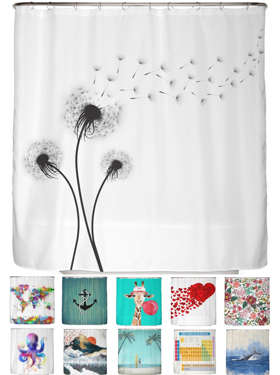 arteneur Anti-Mould Shower Curtain 180 x 200 cm Black and White Shower Head