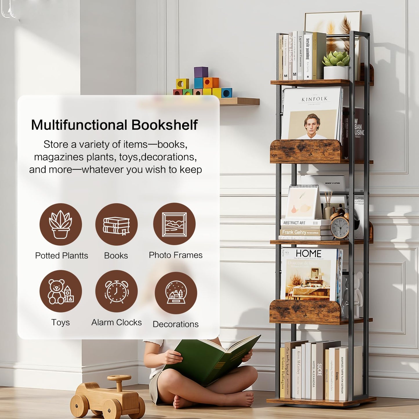 Bikoney 5-Tier Rotating Bookshelf, Tall Industrial Corner Book Tower