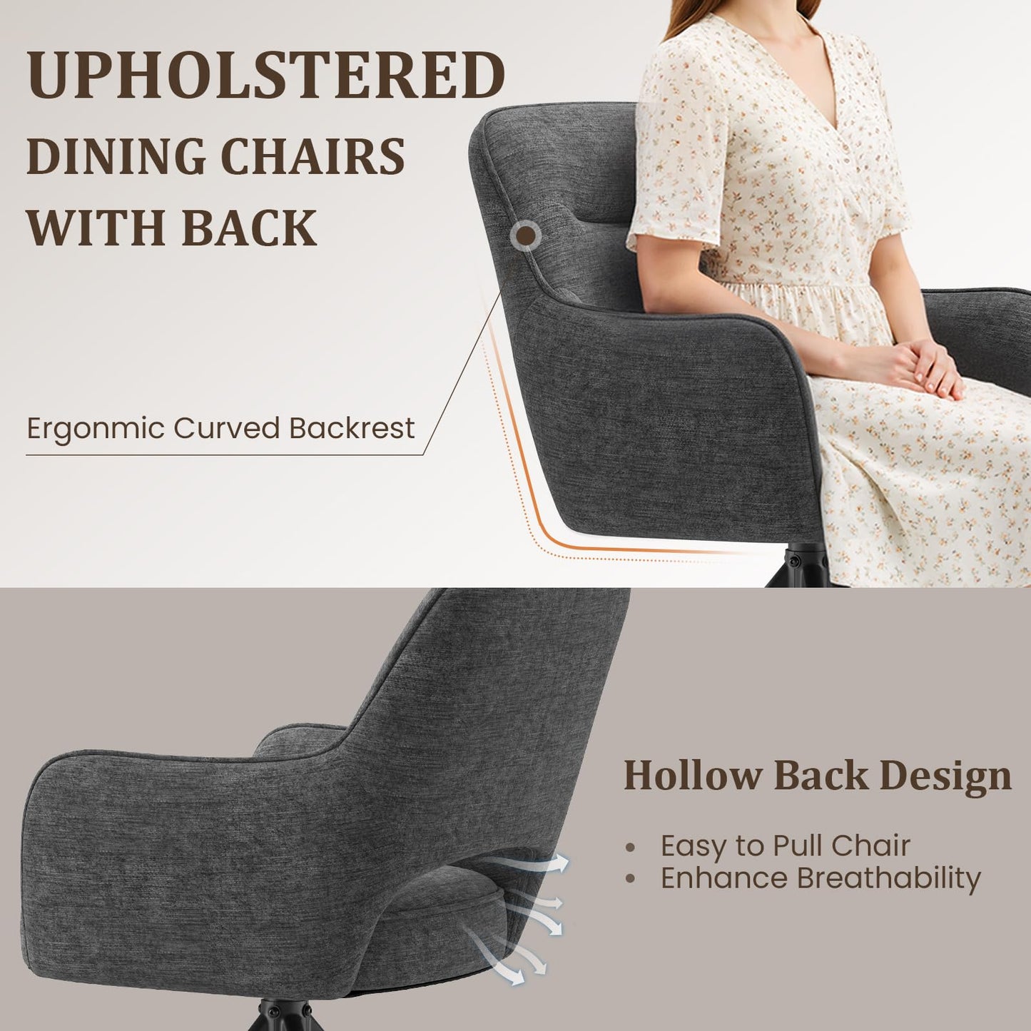 COLAMY 360°Swivel Dining Chairs Set of 4, Fabric Chairs for Dining Room with Armrests, Hollow Backrest and Thick Seat Cushion